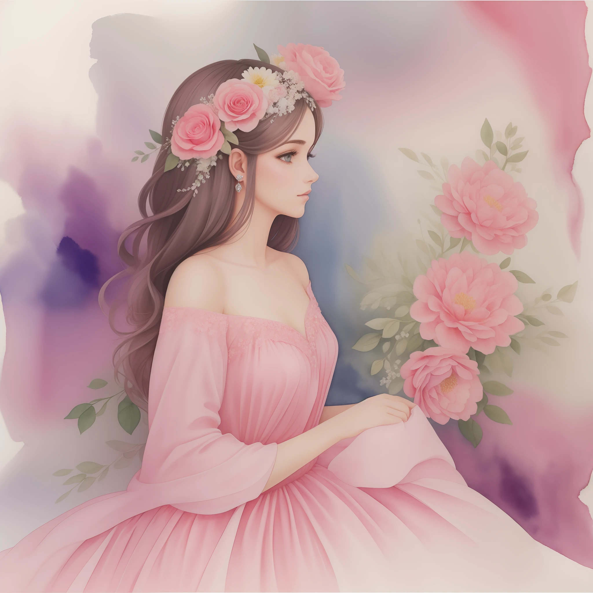 Uma pintura em aquarela de mulher de costas longos cabelos em um vestido de princesa rosa com uma coroa de flores,vestido