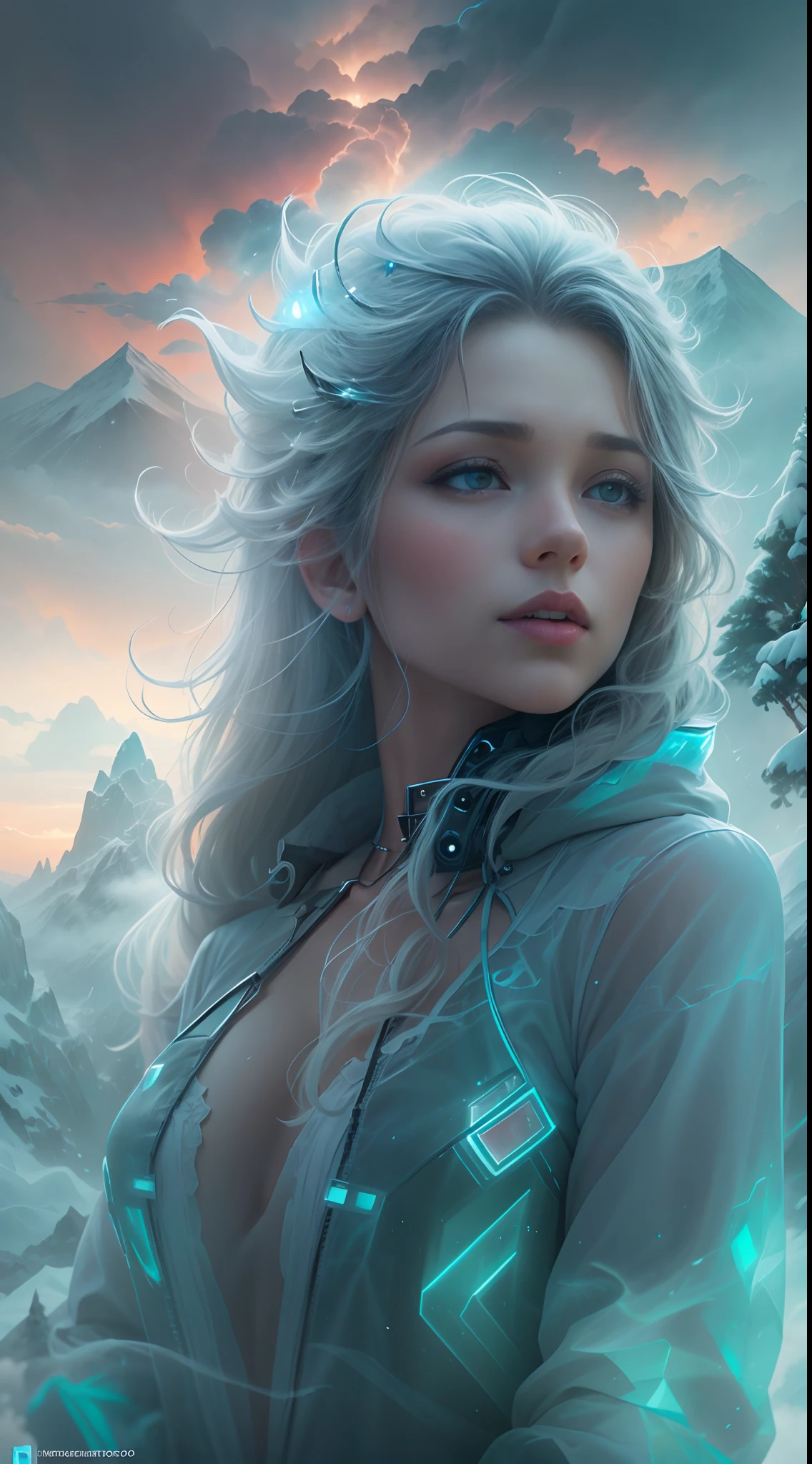 Estilo modelshoot, (fondo de pantalla CG 8k extremadamente detallado),Perssonage Cyber Punk [Snowy mountain landscape with fog：Transparent ethereal girl，snow mountains：0.33] Immerse yourself in the beautiful aurora，Vive en las nubes del cielo estrellado，Behind the clouds，（Doubleexposure：1.3），La cara se funde con la aurora，Superposition of snowy mountains，Varios elementos mezclan la imagen，Fotografia of：Brandon Woelfelmist，Surreal dreams，Gray atmosphere，Rainy day，Dyna，lut，HDR，Surrealist fantasy art，Epic Digital Fantasy Art Style，beautiful sci fi art, sci-fi digital art illustration,sci fi digital painting, Pintura digital futurista, Arte conceptual futurista, In front of the snowy sci-fi mountain landscape, Sci-Be Digital Art, Fantastic transparent ethereal girl