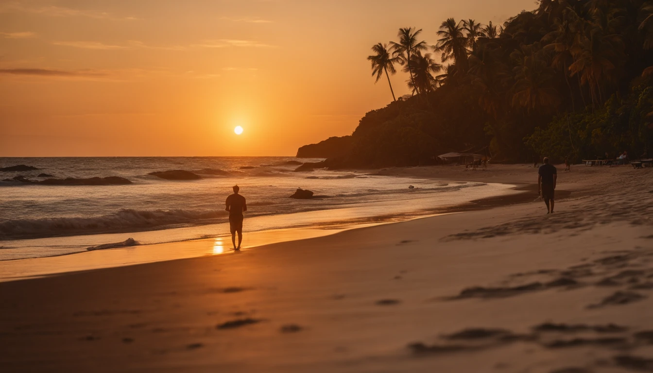 Men watching the sunset on a paradisiacal beach on a late spring afternoon, hora dourada, foco nítido, qualidade 8K, sentimento de melancolia e nostalgia, nostalgic atmosphere, foto RAW