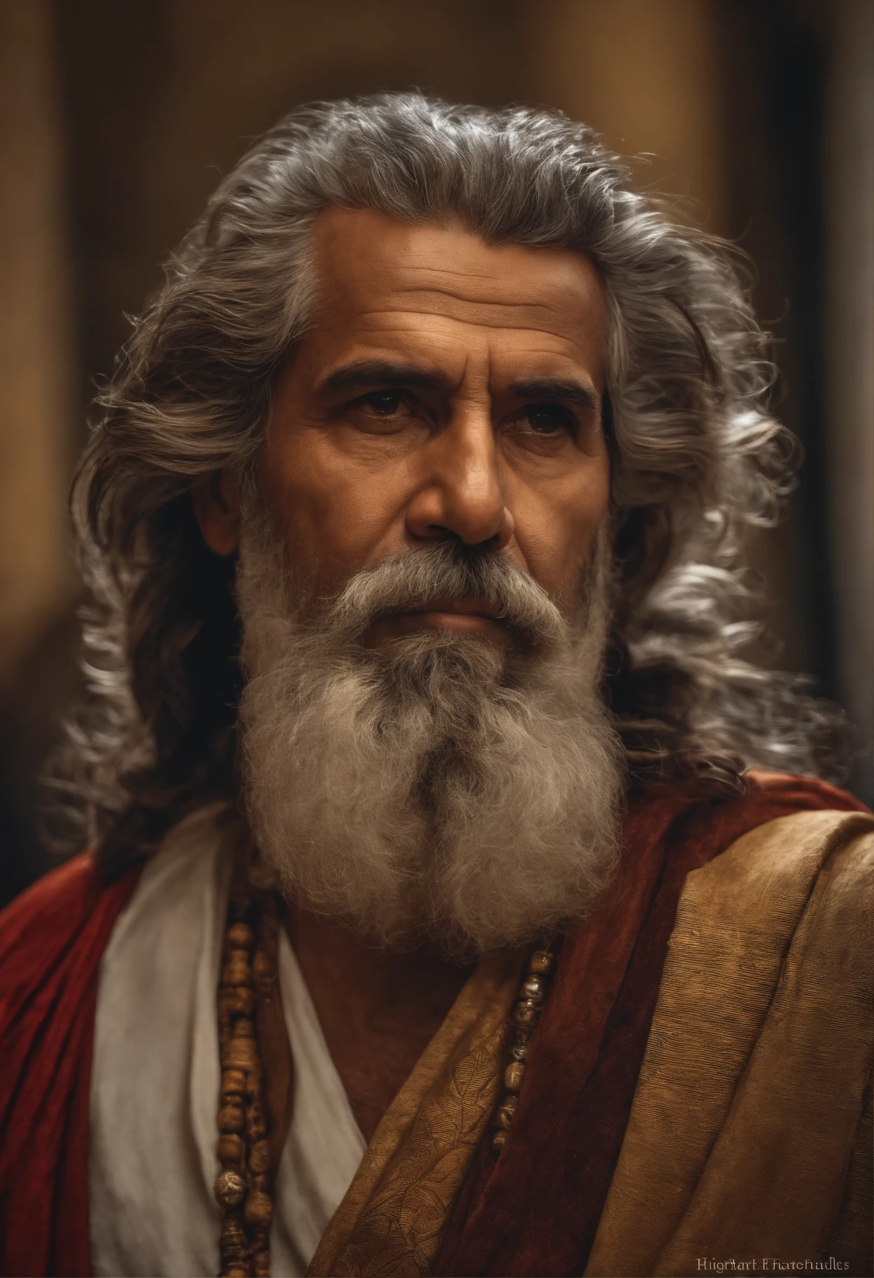 "Portrait of a wise and imposing man, de 40 anos, magro, barbudo e com cabelos grisalhos, with a serious expression and an air of experience. highes definition. Inspiration of ancient Greek man."