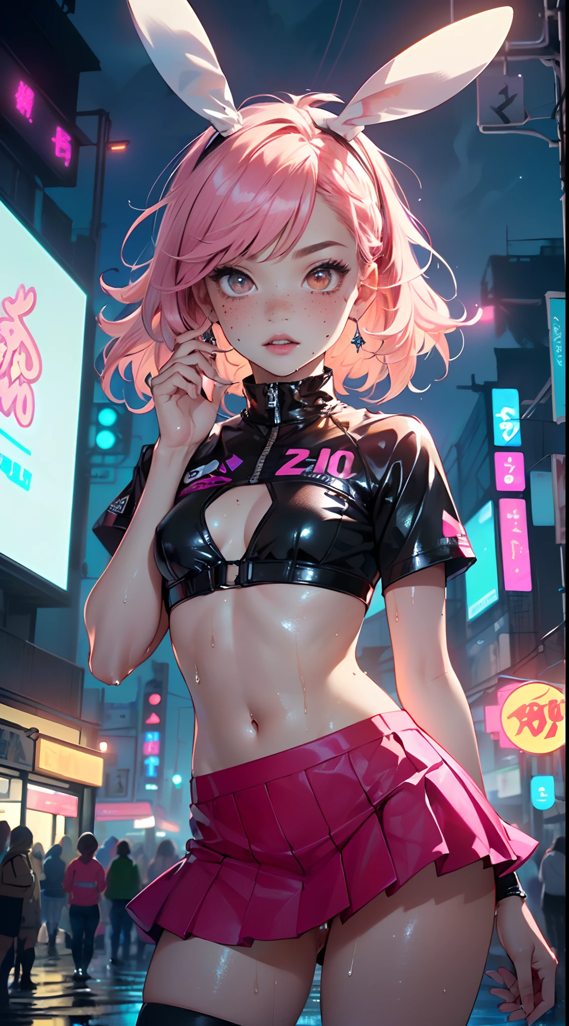 cute little bunny loli,(((little loli,small tiny body,petite, chibi))),(((6 years old))),((little bunny loli with extremely cute and beautiful fuchsia hair)),(((bunny girl,anthro furry cute,bunny-girl))),(((bunny ears,bunny ears on head,big bunny ears))),

(((flat chest))),(((fuchsia hair:1.35,short fuchsia hair,colored inner hair,ear breathing,))),((heterochromia:1.5, (pink_eye and red_eye))),intricate eyes,beautiful detailed eyes,symmetrical eyes,big eyes:1.5,(((freckles on the face,freckles,freckled girl))),(((lustrous skin:1.5,bright skin: 1.5,skin tanned,shiny skin,very shiny skin,shiny body,plastic glitter skin,exaggerated shiny skin,illuminated skin,wet legs))),(detailed body,(detailed face)),

cute,slutty,erotic,(((nsfw))),

zettai ryouiki,revealing clothing,show skin,((rave shirt,neon colored shirt,rave mini-skirt,visible thong straps)),(wearing a rave outfit:1.3,rave clothes,semi-naked,with little clothing),((wet clothes,intricate outfit,intricate clothes)),

(dynamic pose:1.0),solo focus,embarrassed,(centered,scale to fit dimensions,Rule of thirds),

cyberpunk city by the ocean at night, with bright neon signs and dark stormy clouds and puddles, scenery:1.25,

artistic photography,(photography taken by sldr),highres, sharp focus, (ultra detailed, extremely detailed), (photorealistic artwork:1.37),(extremely detailed CG unity 8k wallpaper),((synthwave background theme)),(((vibrant colors))),(intricate background),(masterpiece),(best quality)