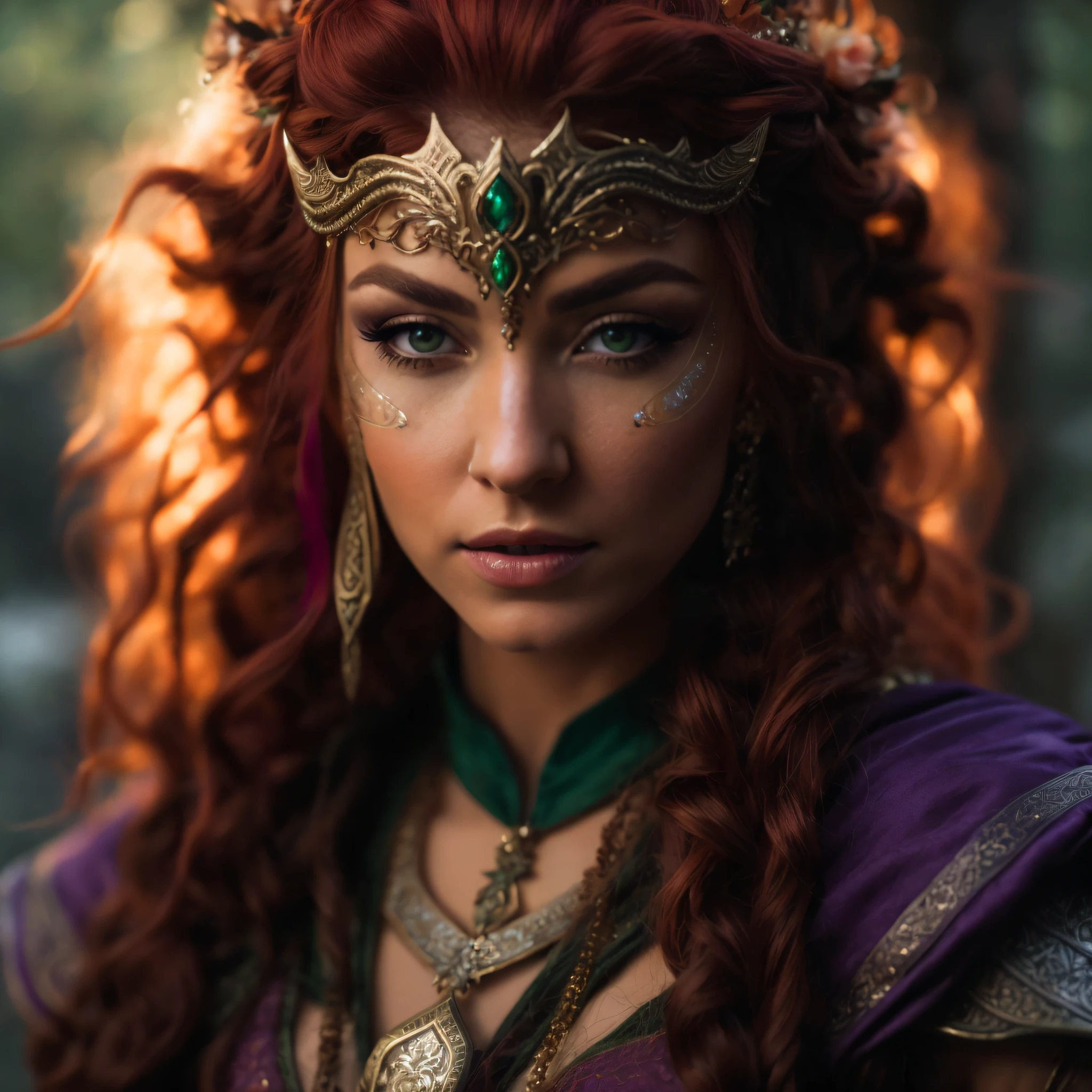 a close up of a woman with red hair wearing a crown, portrait of an elf queen, ornate cosplay, portrait of very beautiful elf, cinematic goddess close shot, beautiful elf with ornate robes, beautiful elven princess, beautiful and elegant elf queen, portrait of an elven warrior, elven warrior princess, side portrait of elven royalty, an elf queen