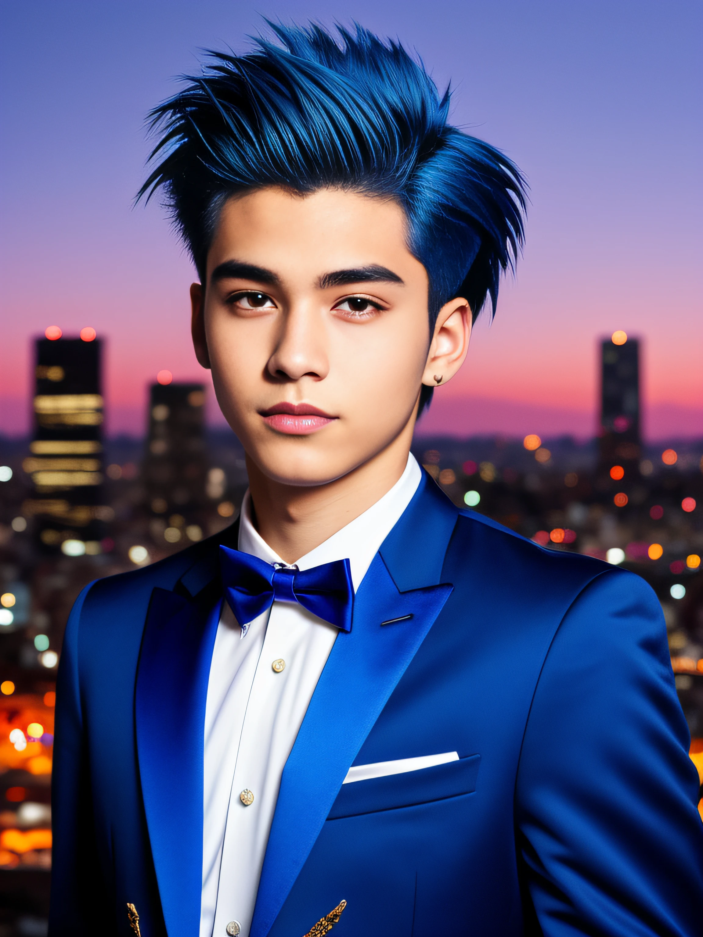 American Prince 19 years old male portrait, real Sonic the Hedgehog, blue hair, elegant, intricate details, Tokyo city background