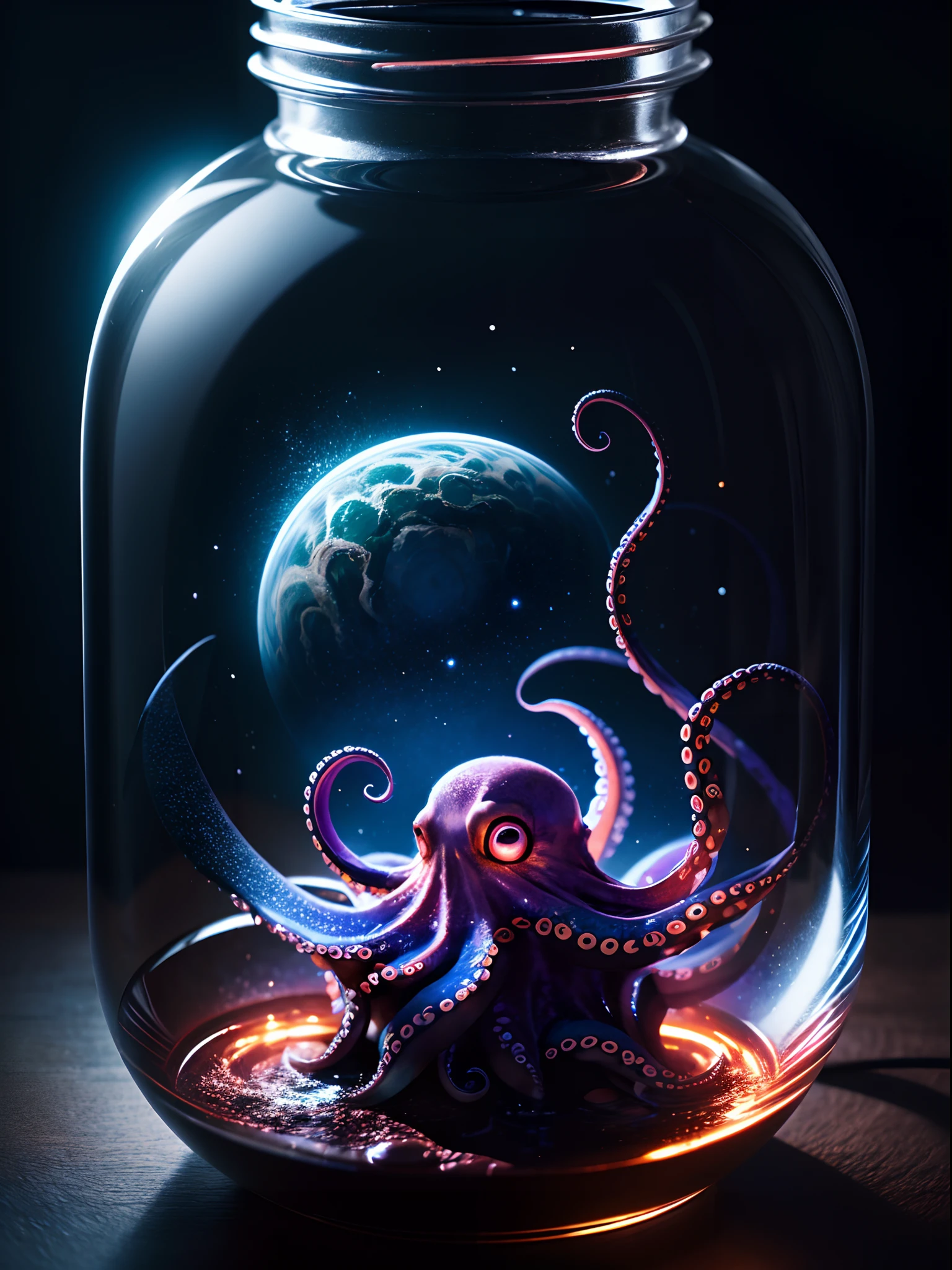galaxy environment, caprichoso, A small octopus in a magical jar of unviable dream, 8k, Vivid, ultra detalis | | | | | | |, color lighting, fotografia surreal, retrato