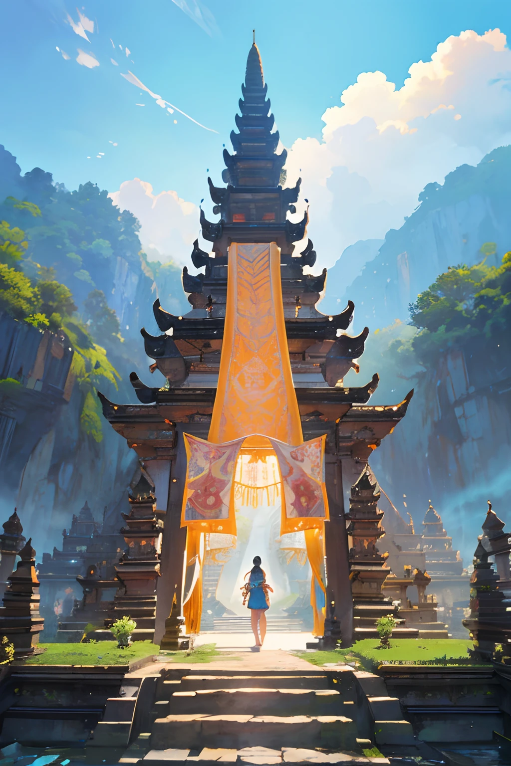 its a image of massive baligapura, Create exquisite illustrations reminiscent of Makoto Shinkai's style, It has ultra-fine details and top-notch quality. Create an illustration that strongly emphasizes the story of emerging from the cave into the breathtaking sight of the baligapura shining big massive baligapura