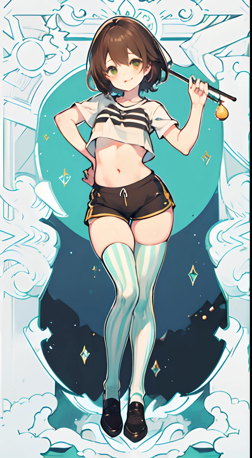 Under the legend，Chara，femele，sexy for，Green striped crop top，brown shorts，black lence stockings，Small brown shoes，Full body standing painting，Enchanting pose，seduce，Raised sexy，with short brown hair，Seductive smiles，Stick out your tongue，Flushed，the shy，boobgasm