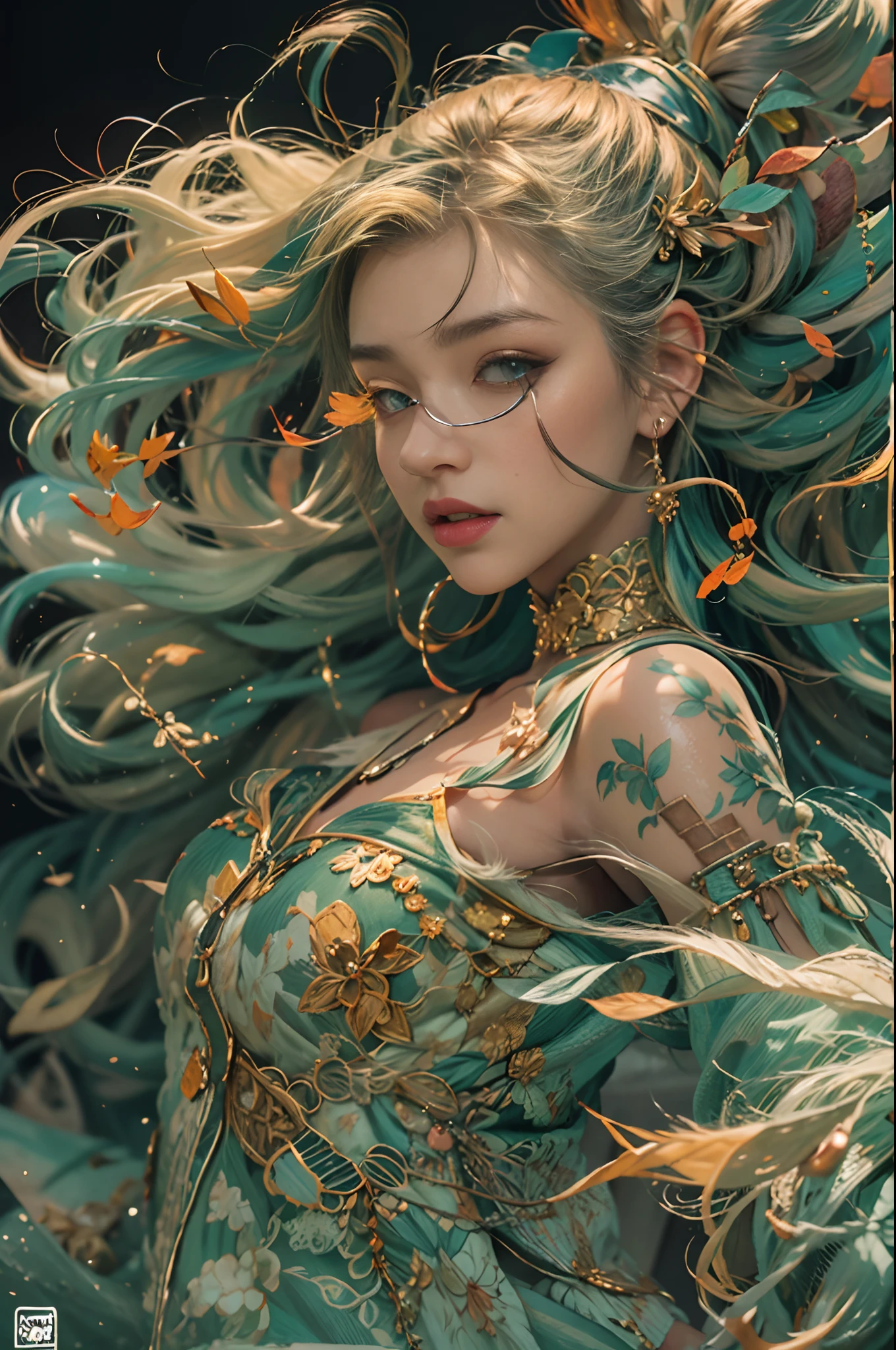 Dancing full body view 3d digital painting, mystical tribe woman in a colorful forest,james jean, masterpiece, high quality, fine lines, thin strokes, ink painting in the style of artists like Russ Mills, Sakimichan, Wlop, Loish, Artgerm, Darek Zabrocki, and Jean-Baptiste Monge, sharp details, intimate, sensual, highly detailed, by jordan grimmer and greg rutkowski and pine ハイネ and 薯 子 imoko and 香 川 悠 作 and wlop and maya takamura, intricate, beautiful, hyper detail,best illumination,8k, close-up,trending on ArtStation, elegant, intimate, sensual, small forest creatures around her, big cute eyes, ultra detailed night, nighttime, Honey moon, autumn, long finger na cama, Liying em suas costas, kissing lips, foco facial, pele molhada, redhead, Green hair, Sardas, sorrindo, cabelos longos e lisos, Juventude europeia, Corpo Perfeito, (Rosto detalhado:1.2), (Olhos detalhados:1.2), fotorrealismo da moda, fotografiaultra detailed raytracing reflections, beautiful Hair style, ultra detailed face, creative tattoos, magic effect around her, complex dark hair with two long pony-tails hair physics, windy, flirty expression, realistic beautiful body proportions, impressive, natural make up, dirty clothing, natural colors