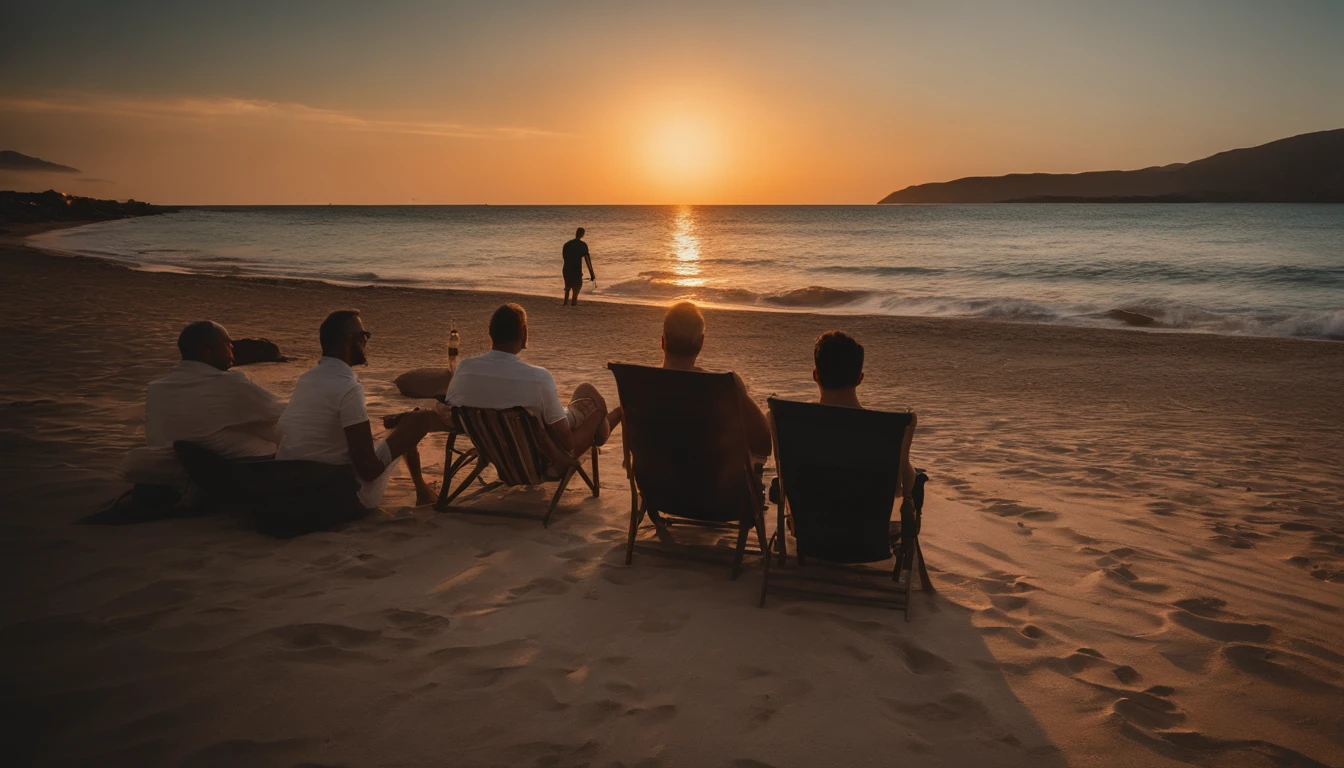 Men watching the sunset on a paradisiacal beach on a late spring afternoon, hora dourada, foco nítido, qualidade 8K, sentimento de melancolia e nostalgia, nostalgic atmosphere, foto RAW