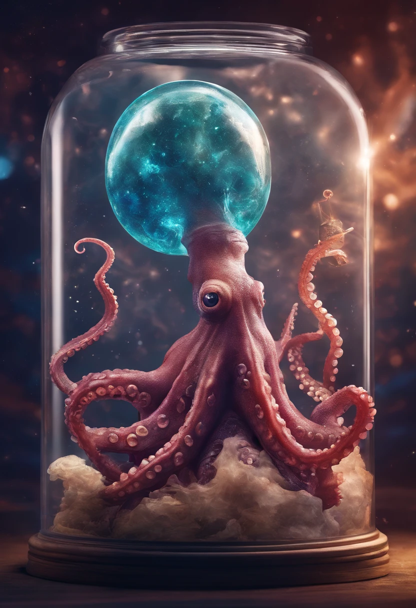 galaxy environment, caprichoso, A small octopus in a magical jar of unviable dream, 8k, Vivid, ultra detalis | | | | | | |, color lighting, fotografia surreal, retrato