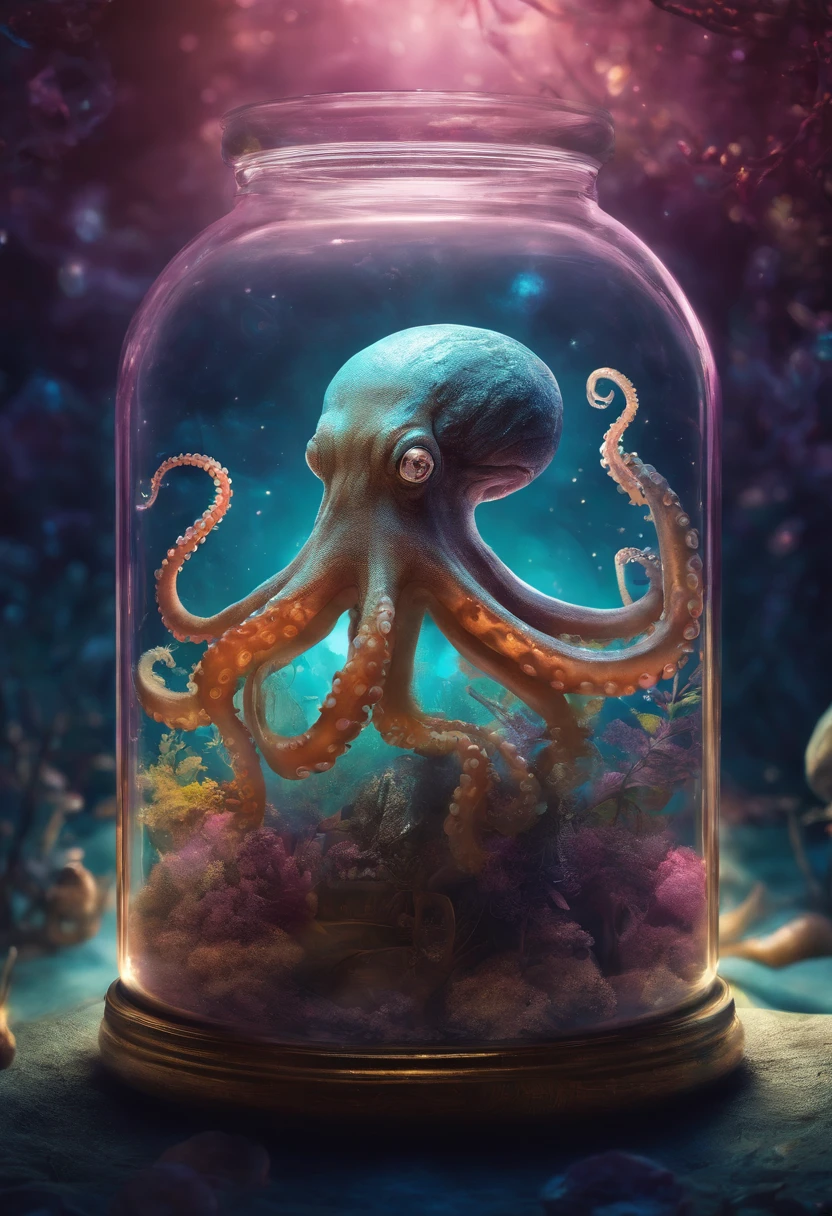 galaxy environment, caprichoso, A small octopus in a magical jar of unviable dream, 8k, Vivid, ultra detalis | | | | | | |, color lighting, fotografia surreal, retrato