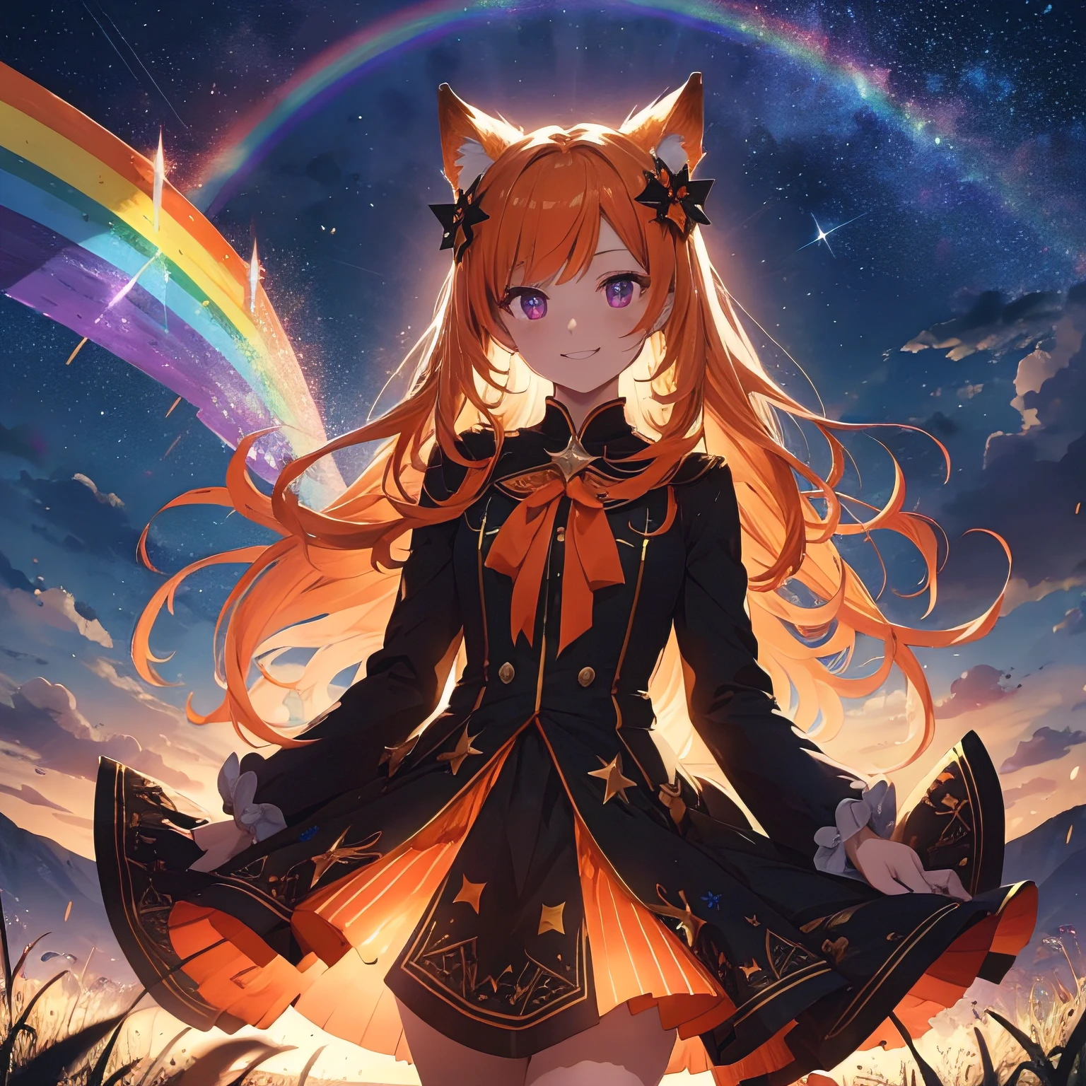 absurderes, superfine illustration,rainboweffect, hight resolution, ultra-detailliert,Light diffusion,highly detailed light reflection, Kaleidoscope, Harmonious, Best Shadow, fullllbody, zoomout, Very detailed very beautiful adult big smile face, ;D, Beautiful growing crystal diamond purple star pupil, look at viewr, Facefoxe, Beautiful detailed orange hair, Solo, Beautiful detailed orange and black ribon, Beautiful detailed orange high school uniform, Fantastic and sparkling throughout、Wide rainbow and circle, shooting star and wind strong、Night and rainbow shooting stars in detail on the background --auto