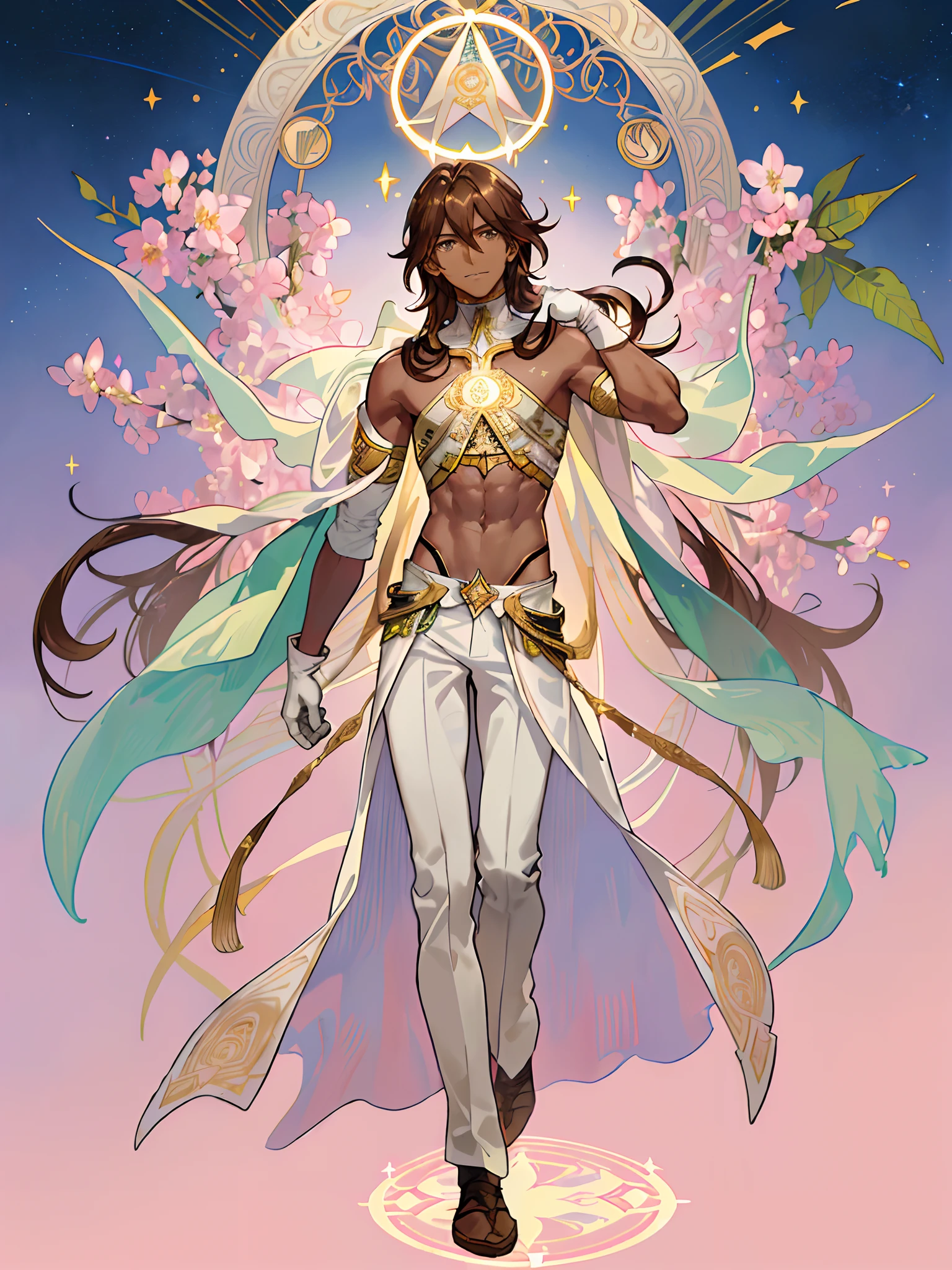 ((masterpiece,best quality)),(1boy, solo:1.4),beautiful detailed eyes, vivid, cinematic light, full_body, pink_flowers, (tarot_card), intricate, detailed background, looking_at_viewer, Madoka Kaname, hands reaching out, (flat chest), (walking), casual pose, posing, (white_gloves), (pink_eyes), white feathers, sparkles, glitter, celestial, outerspace, by alphonse mucha, (gold frame), halo, (tarot border), ((Beautiful man:1)) , ((Dark skin:1.5)) , (( Extremely long hair)) , ((Brown hair)) , ((male:1.4)) , full lips , pastel Green eyes , ((has black Tiger ears:1)) , ((Crop top:1)) , ((Skinny build)) ,effeminate , age 32