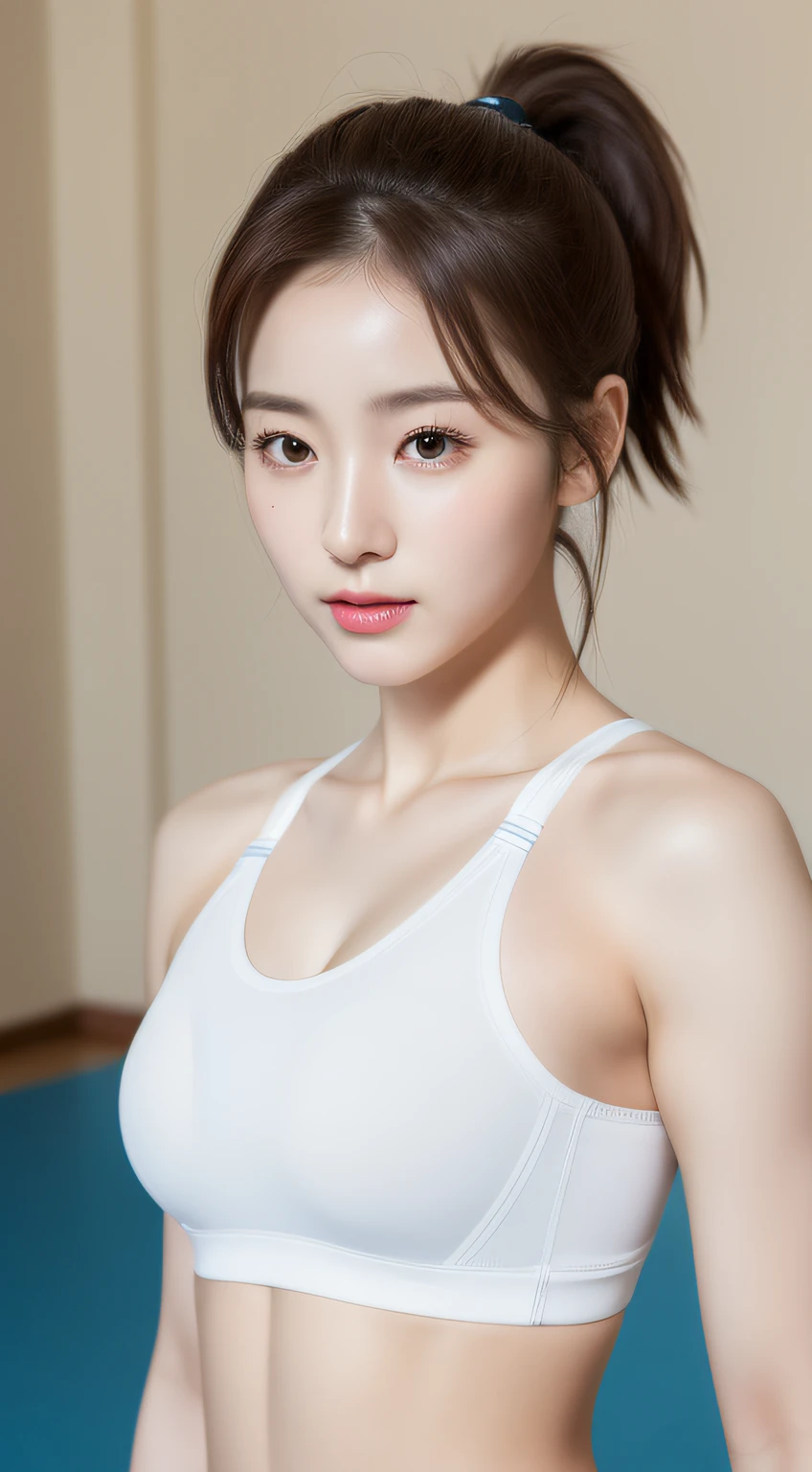 Kasumi, brown eyes, (best quality, ultra detail), (realistic:1.37), beautiful and detailed face, ultra-realistic texture, Delicate face, delicate body, red lipstick, bright colors. high definition, 8K, expression with a slight cute smile and sexy