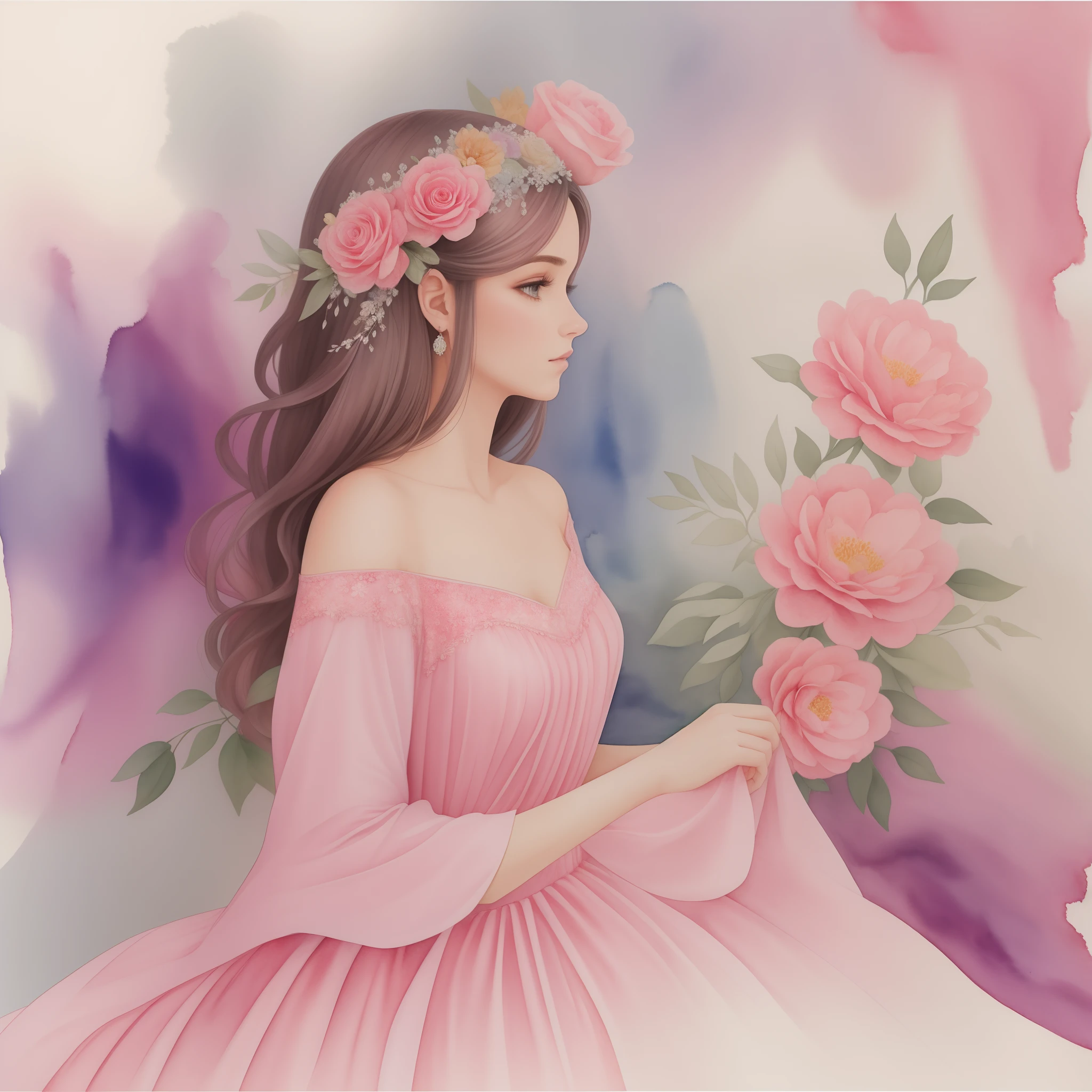 Uma pintura em aquarela de mulher de costas longos cabelos em um vestido de princesa rosa com uma coroa de flores,vestido