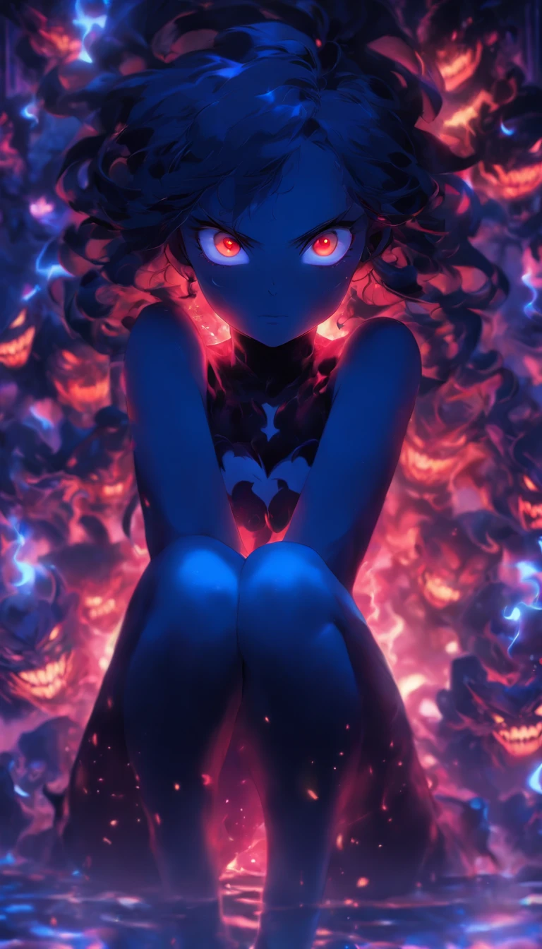 demon loli, alone, blue skin, Romanian ethnicity, full color, full of details, portrait photo, black hair, blue eyes, shadows, lights, lands, 8k, HDR, anime style, full reality, full body photo, hot , very hot, hentai