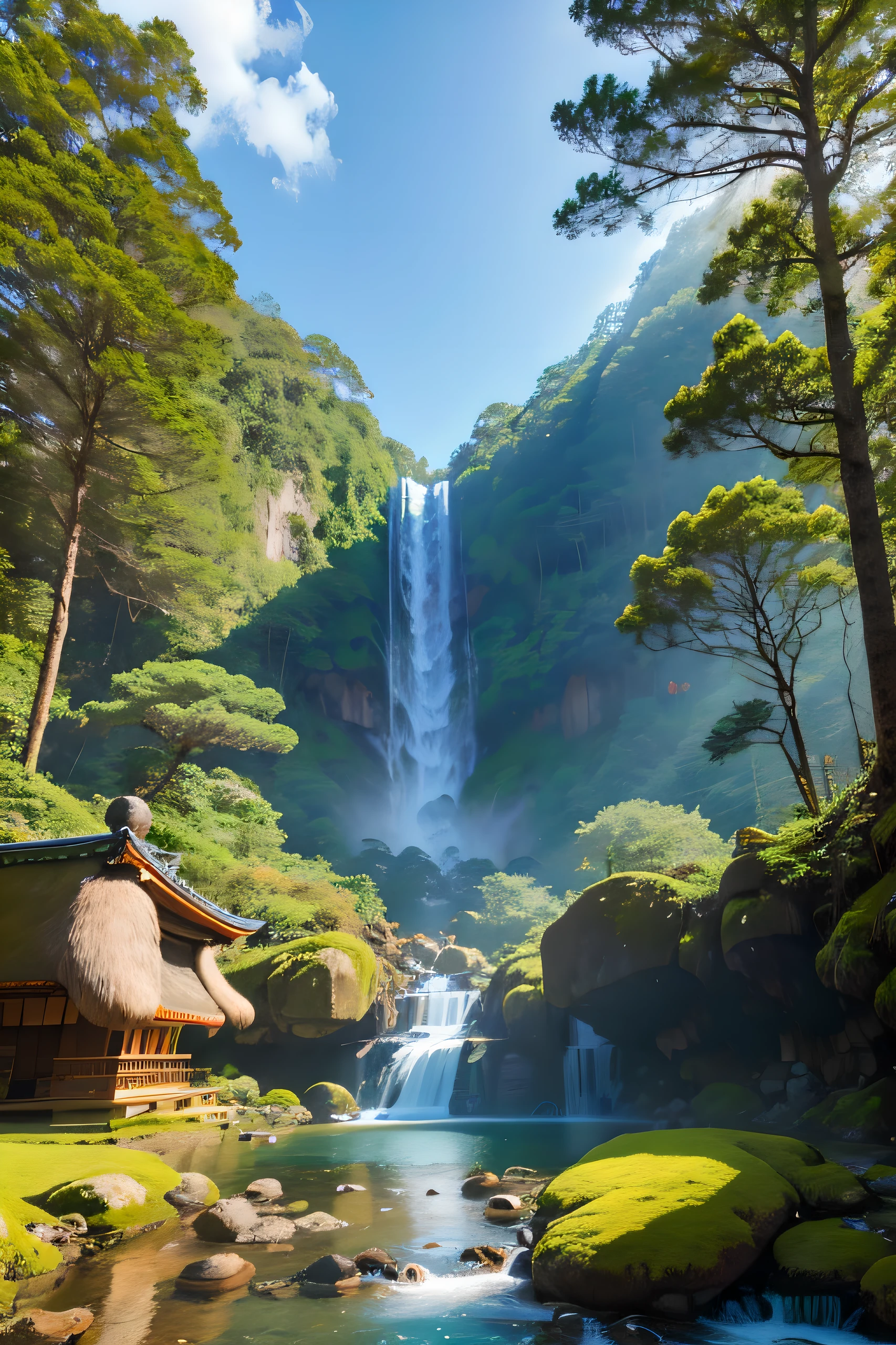 (Anime realista), Templo antigo derruido no meio de uma floresta, Detailed forest scenario, arquitetura intrincada do templo, vibrant vegetation, sunlight filtering through the trees, pilares de pedra cobertos de musgo, atmosfera serena,  elementos japoneses tradicionais, mistic ambient, treino de taichi, com cachoeira natural com cascata