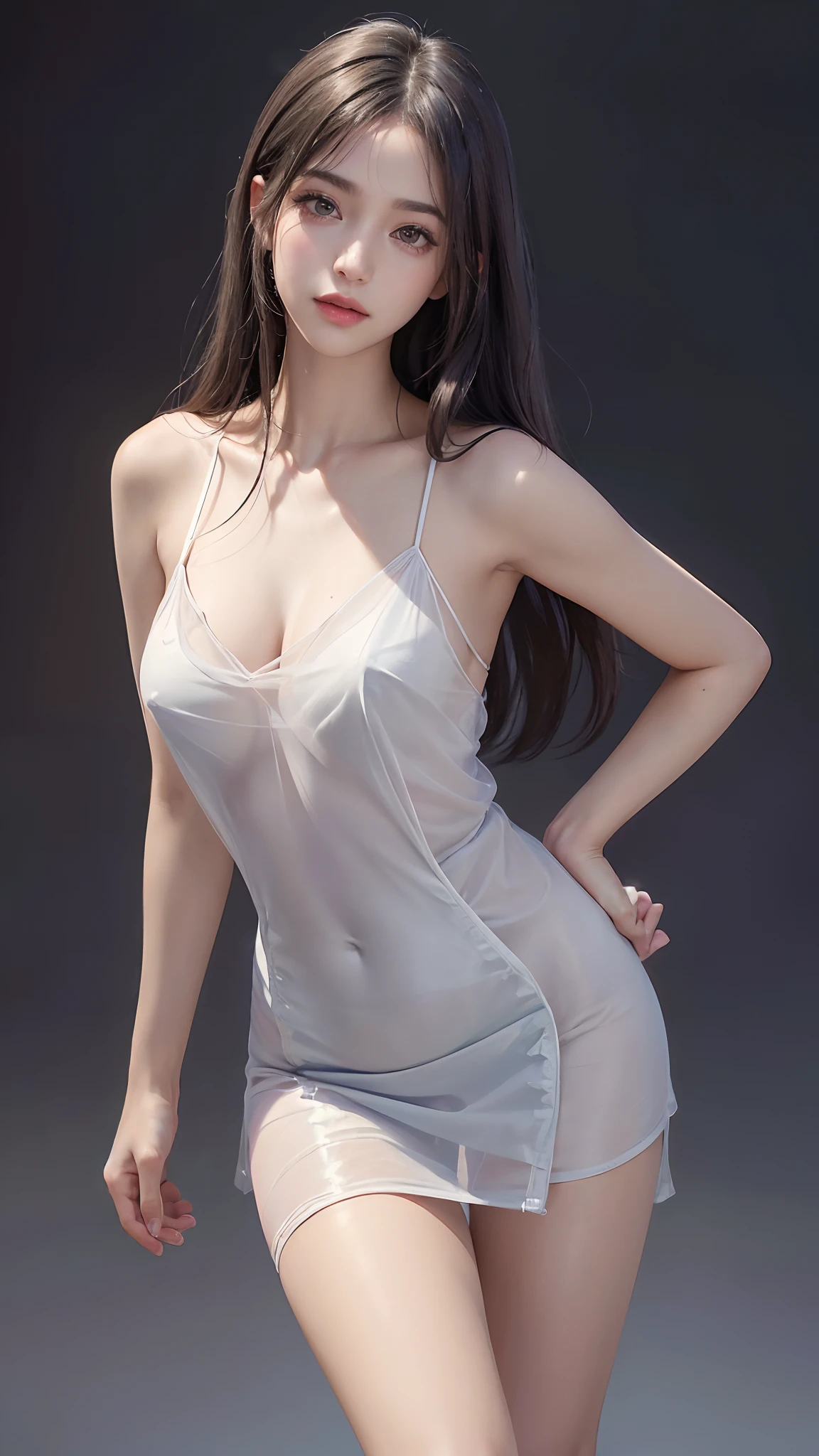photo of a 18 y.o girl, beautiful vintage color, instagram (photorealistic, high resolution:1.4), ((puffy eyes)), looking at viewer, , full body (8k, RAW photo, best quality, masterpiece:1.2), (realistic, photo-realistic:1.37), (sharp focus:1.2), professional lighting, photon mapping, radiosity, physically-based rendering, (pale skin:1.2), (big breasts:1.2), looking at viewer, (middle hair:1.5), portrait, purple eyes, (sliver hair:1.1), bangs, (simple background:1.4), solo, upper body, realistic, (masterpiece:1.4), (best quality:1.4), (shiny skin), fashion girl, makeup, smile(skinny, closed mouth,shy:1.3), (sheer slip cami:1.5513), (standing:1.1), medium bust, sexy pose, (NSFW:1.2),