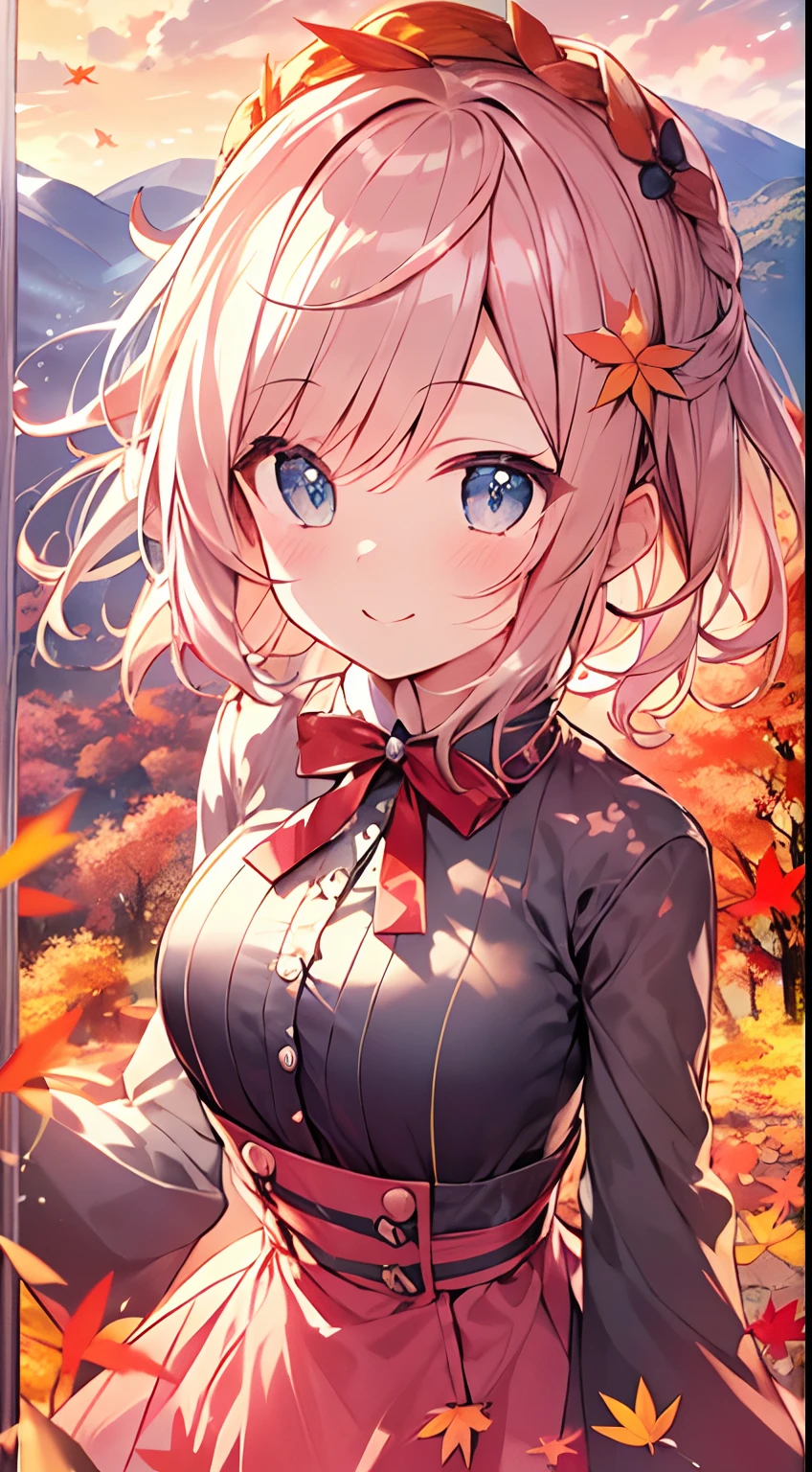 masutepiece, Best Quality,Illustration, Wallpaper, ultra -detail, Absurd beauty, 1beautiful girl、Bright hair color、Glitter and big eyes、Hair fluttering in the wind、ample breasts、♡、Smaller head、Autumn landscape、miscievous smile