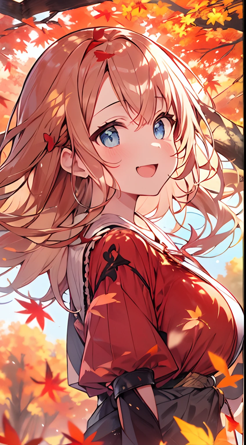 masutepiece, Best Quality,Illustration, Wallpaper, ultra -detail, Absurd beauty, 1beautiful girl、Bright hair color、Glitter and big eyes、Hair fluttering in the wind、ample breasts、♡、Smaller head、Autumn landscape、miscievous smile