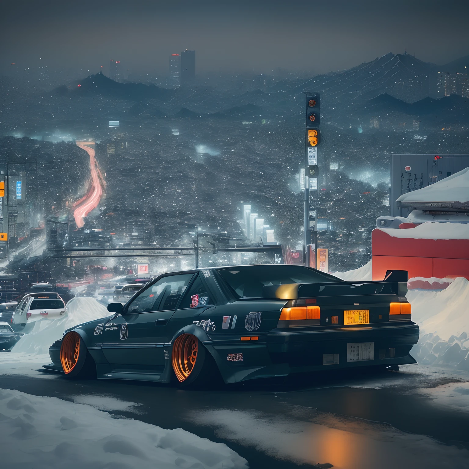 Tokyo, cars, city, drift, snow mountain, cars JDM, neon city