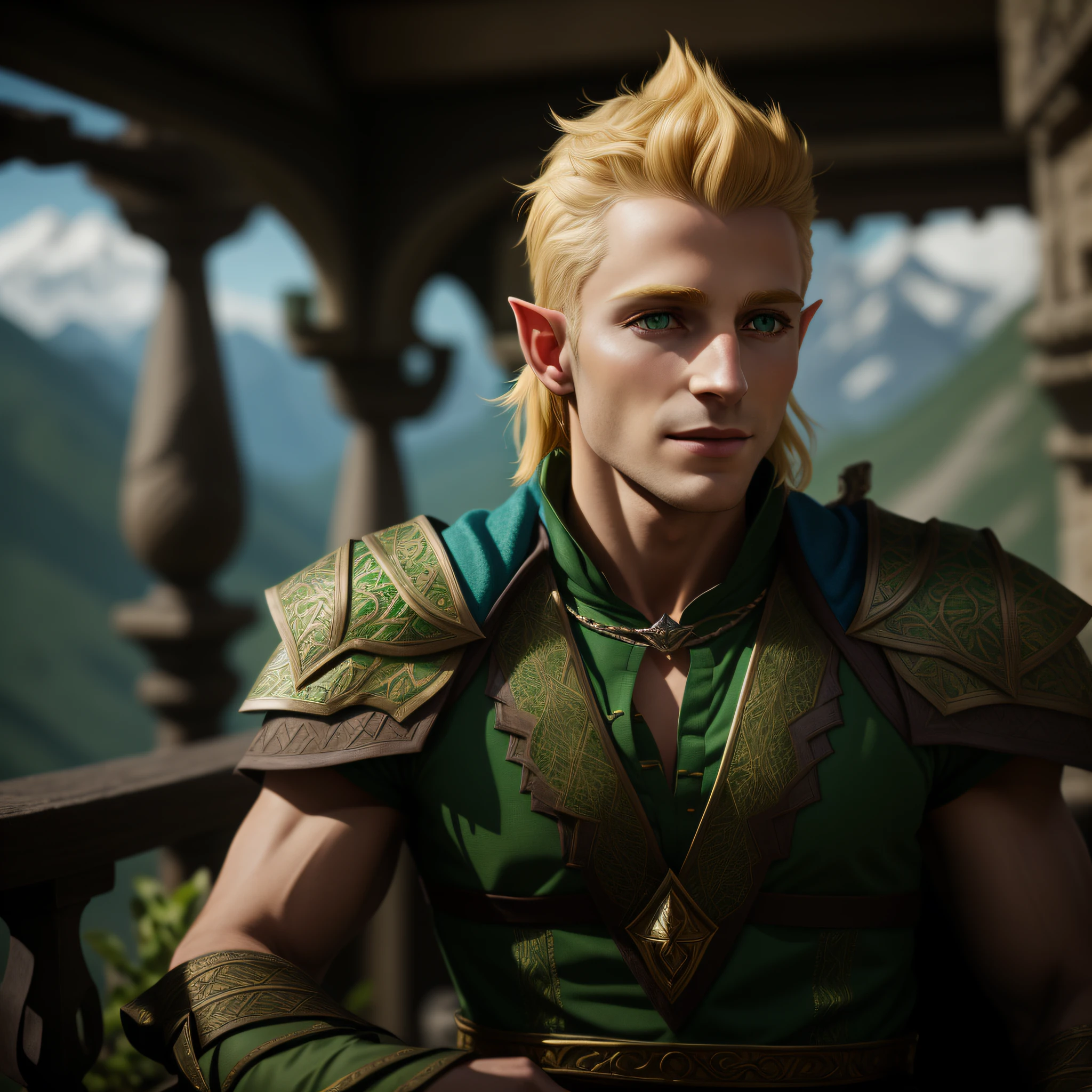arafed male in green outfit standing on a balcony with a mountain view, beautiful male elf, male blonde elf ranger, a portrait of a male elf, elvish blonde male warrior, a male elf, elven male, fantasy movie still, elven character with smirk, male elf ranger, fantasy character photo, portrait of an elven warrior