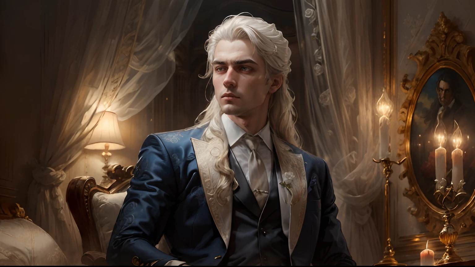 masterpiece, highest quality, (solo focus), (detailed perfect face:1.1), (intricate detail:1.1),dramatic, lestat,  1guy, (pale skin), long white hair, white eyes, ((light eyebrows)), solo, long hair,, gorgeous man in a white luxury suit, covered navel, pouty lips, roses, detailed background, ((realistic)), ((best quality)), ((masterpiece)), art by artgerm and greg rutkowski,  cinematic lighting,