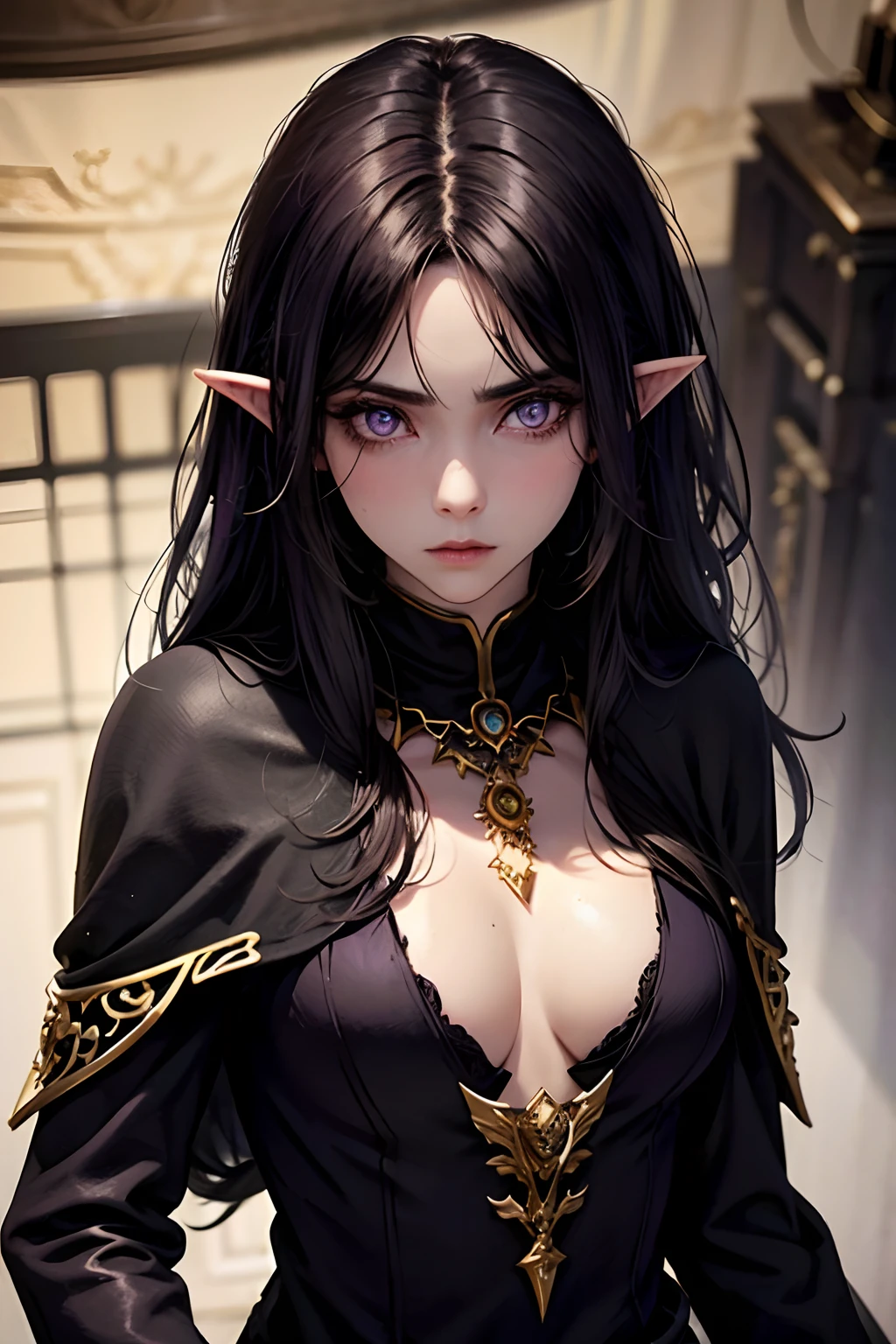 Black hair female elf. Purple pupils, serious face. Mass jewelry. Wearing black. , chests covered , casual outfit
