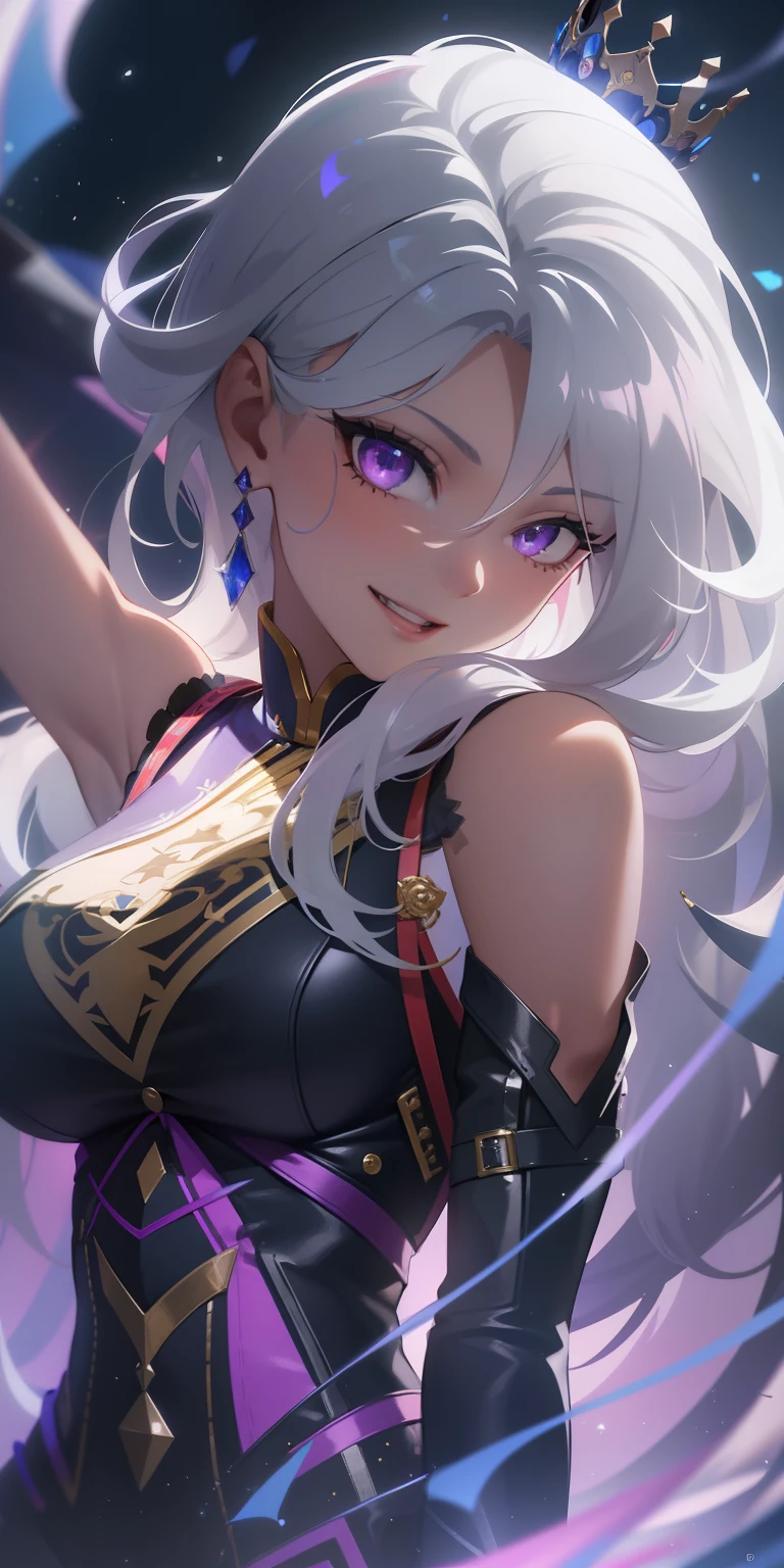 masterpiece, best quality, ultra-detailed, best shadow), (detailed background,dark fantasy), (beautiful detailed face), high contrast, (best illumination, an extremely delicate and beautiful), ((cinematic light)), colorful, hyper detail, dramatic light, intricate details, (1girl, solo,white hair, sharp face,purple eyes, hair between eyes,dynamic angle), swirling black light around the character, depth of field,black light particles,(broken glass), superhero , full body, holding magical sword, woman, happy, smile, look in front, tall, wearing boots, attractive, detailed clothing, woman, adult, sexy, wears crown, laughing, looking smart, adorable looking, full body,