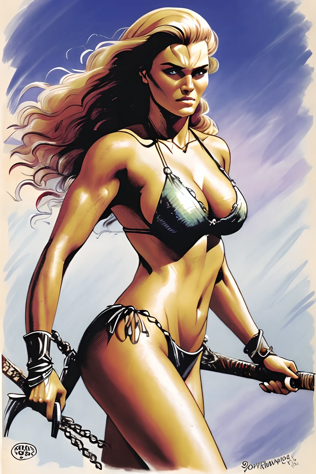 ((SFW))sonja vermelha,1mulher guerreira, cabelos longos ondulados jogados ao vento, pelo ruivo, olhos verdes selvagens, lean athletic body, wearing a bikini made of silver mesh chain(escamas de peixe), Thong also made with the same type of quota, usando, botas feitas de couro envelhecido(cor marrom), wielding a long-bladed sword, bastante afiada, standing on the field of battle, guerreira imponente, invincible Sonja Red,((epic scene))((cena detalhada))((SFW)).