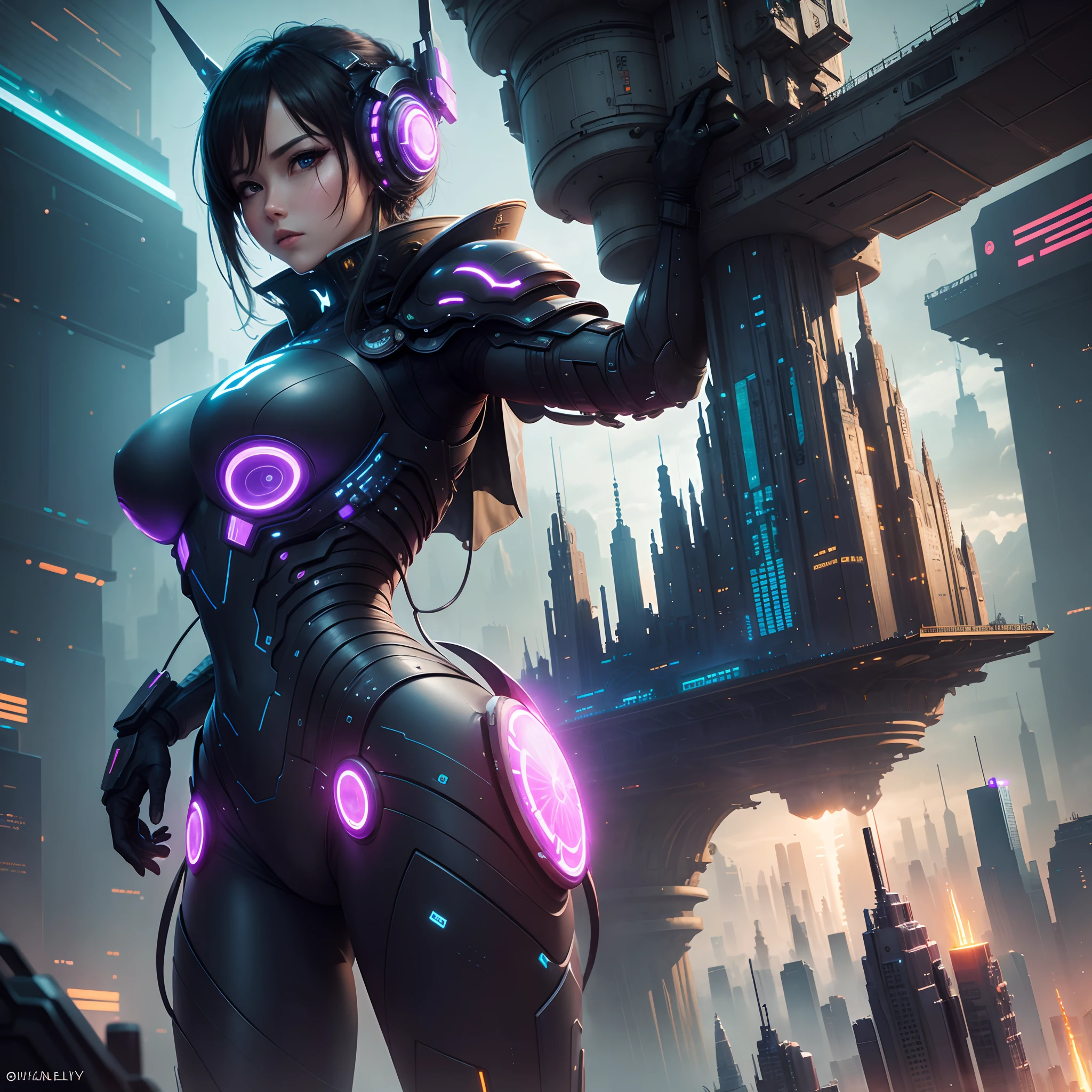 Female cyborg wearing headphones、A little broken、1 female、Big Breasts、sexy、Moonlight、Unbuttoned、Downlight、full moon、In the rubble、In the ruined city、Butt、Beautiful buttocks、Plump、Sideboob、Half naked、Eyes glowing red、Flying through the sky using jets on his back and legs