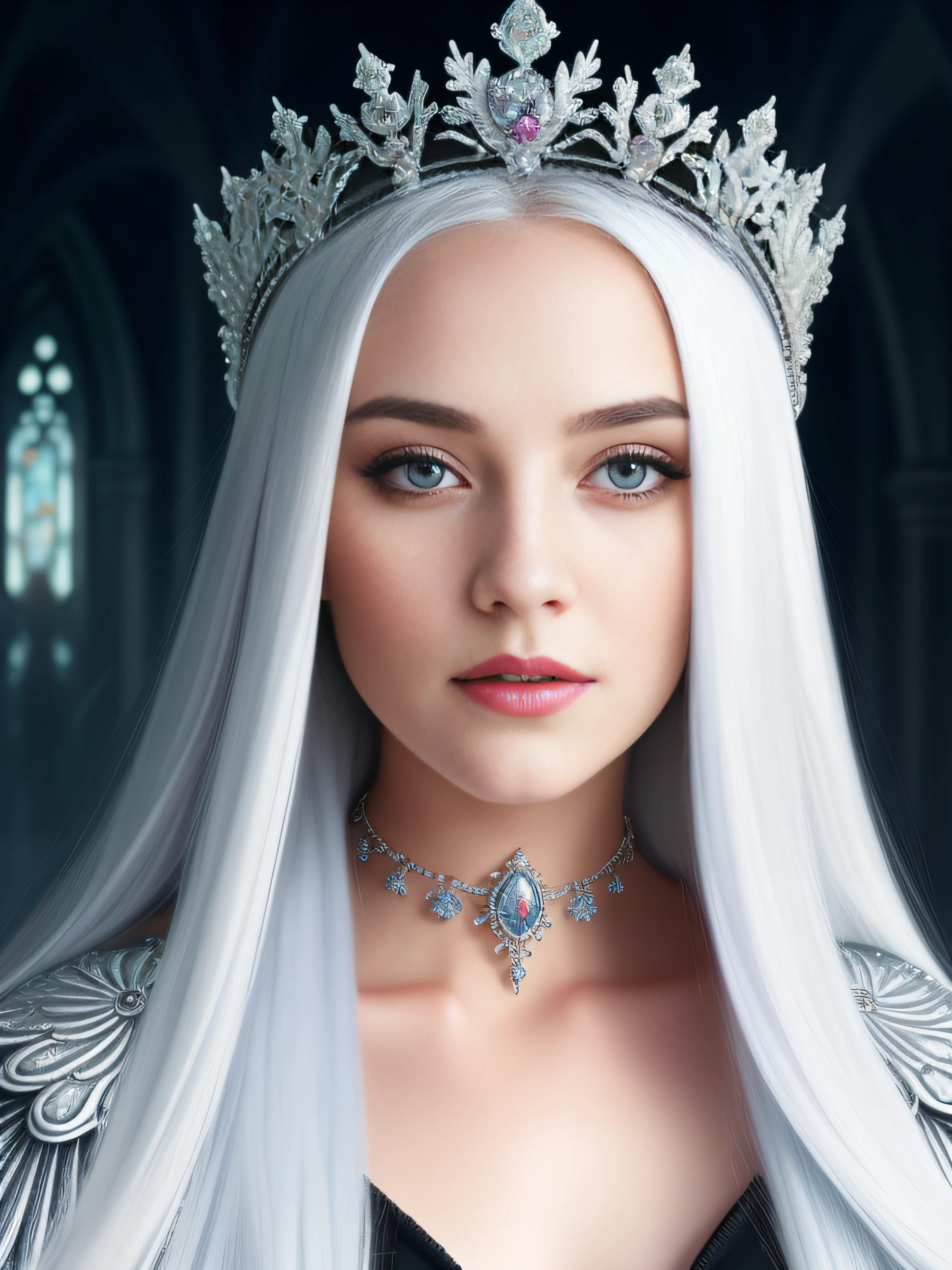 21 year old woman with long platinum hair, ice flower dress, beautiful crown on her head, detailed face, detailed skin, front, ice palace background, sunny, cape, unzoom, choker, hyperdetailed painting, lighting, complex, concept artistic 4k resolution portrait of Greg Rutkowski, Artgerm, WLOP, Alphonse Mucha, small realistic gothic pojatti fusion,the