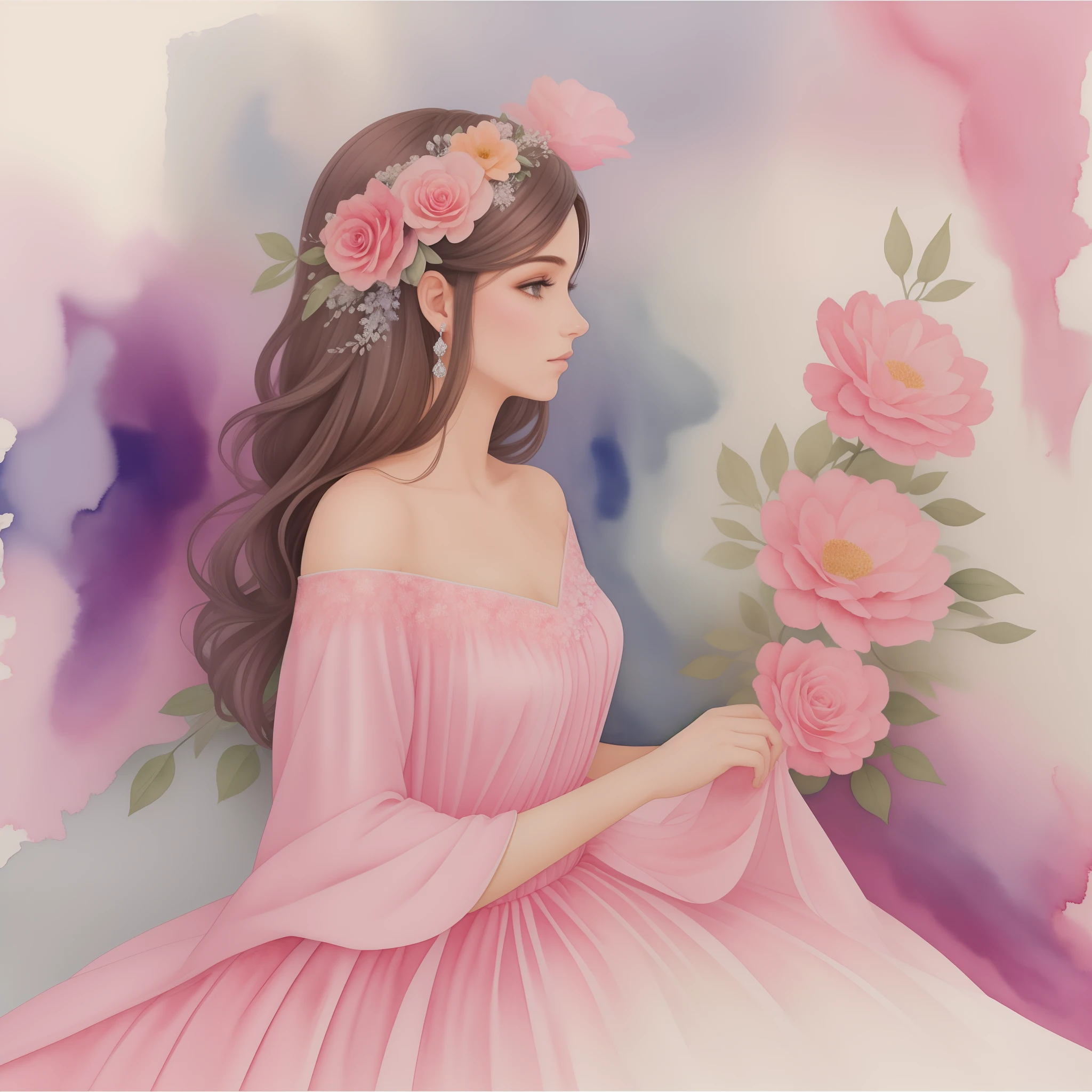 Uma pintura em aquarela de mulher de costas longos cabelos  em um vestido de princesa rosa com uma coroa de flores,vestido