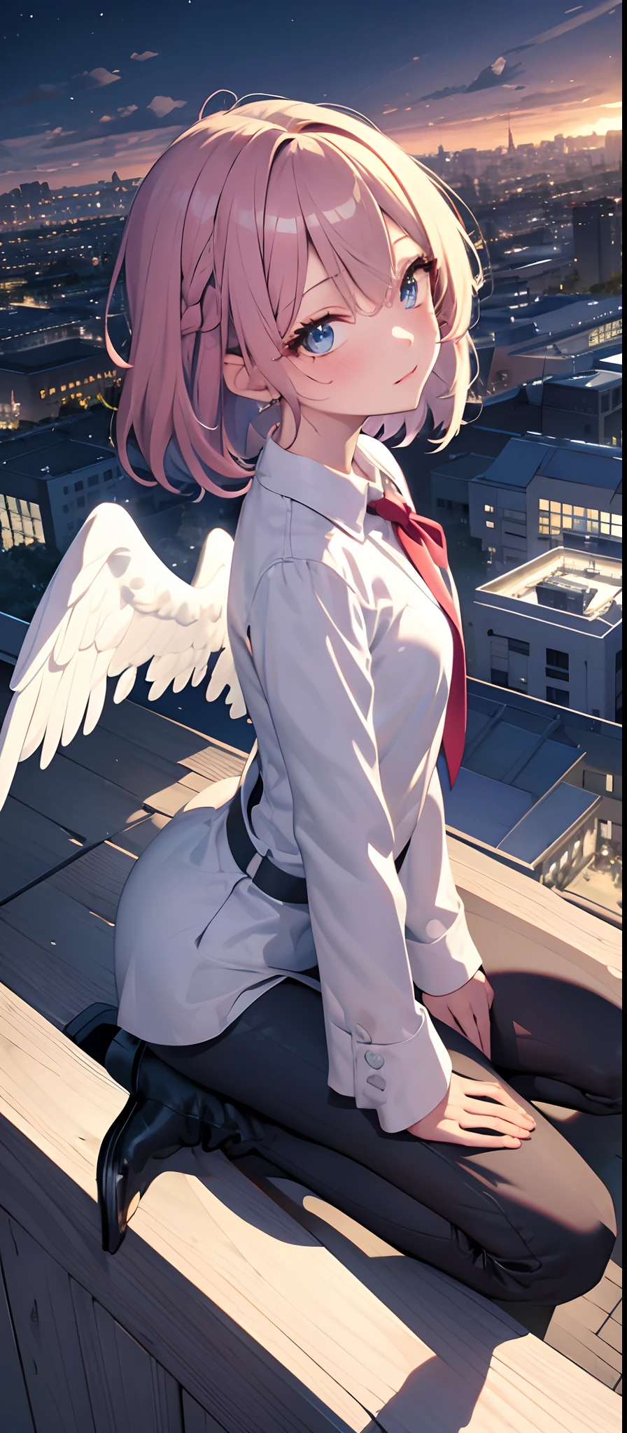 (masterpiece、top-quality),From above, 1girl in, 独奏, (Angel wings grow from behind:1.2), Circle of angels on the head,signboard, (Blue eyes), Red hair, (Moles under the eyes),built, city nigth, Skysky, coat, Shiny skinny pants,long boots, cranes \(Machines\), Dutch Angle, From the side, Light frown, Look at viewers, plein air, On the rooftop, Skysky, Skyscrapers on glowing background,Flying in the sky