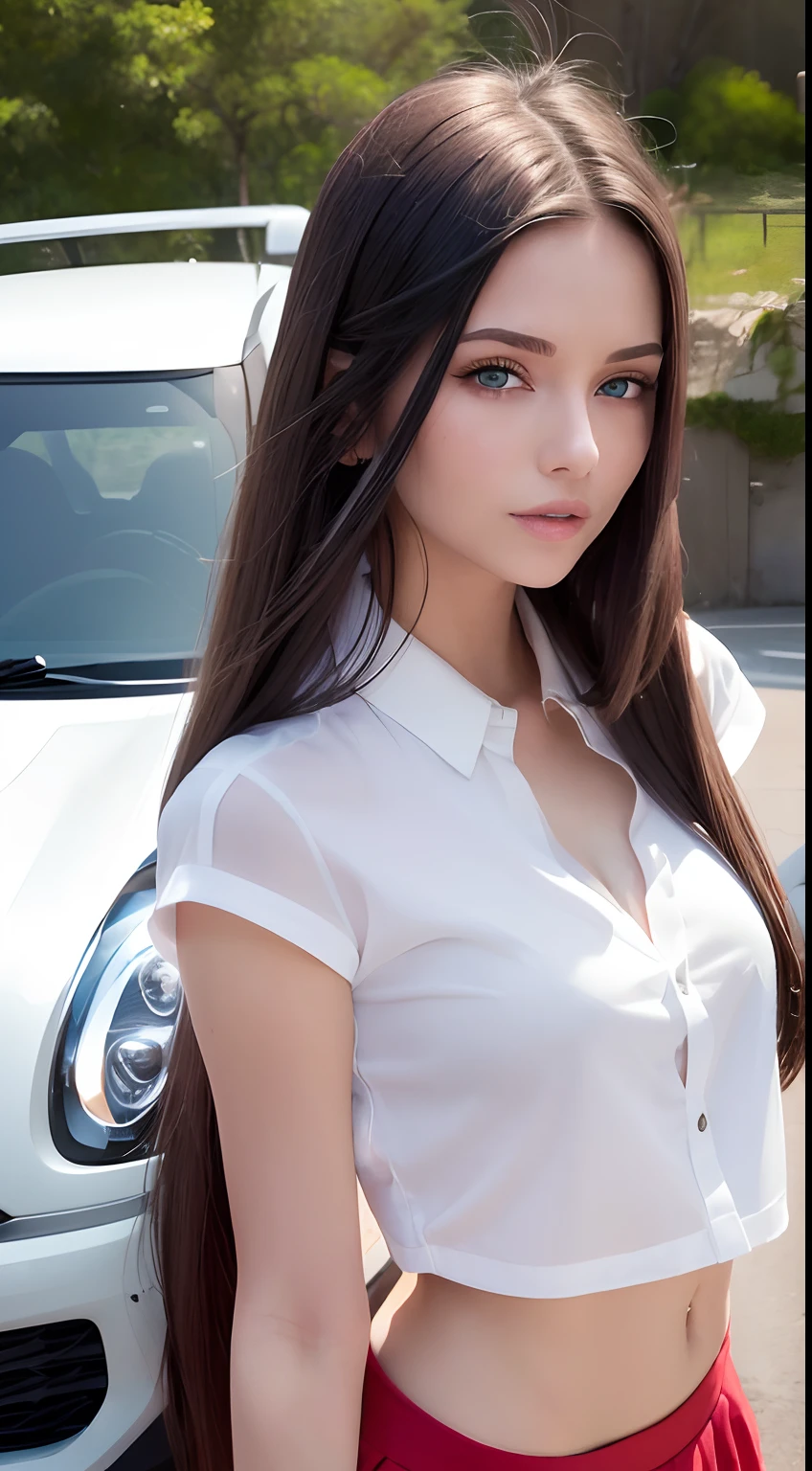 A pointy woman with long hair and blue eyes poses for a photo, beautiful female full body see ( top model, sexy lips, Naughty, , Blonde hair and attractive features, Light blunt hair, Light-brown hair, blue eyess, attractive female face, Pretty face with brown hair, Beautiful female face, a young beautiful woman, Beautiful facial features, beautiful portrait image, Blackened portrait of beauty, thin, shiny hair, A bright smile, lured school outfit white open shirt red Scottish mini skirt siting on car background