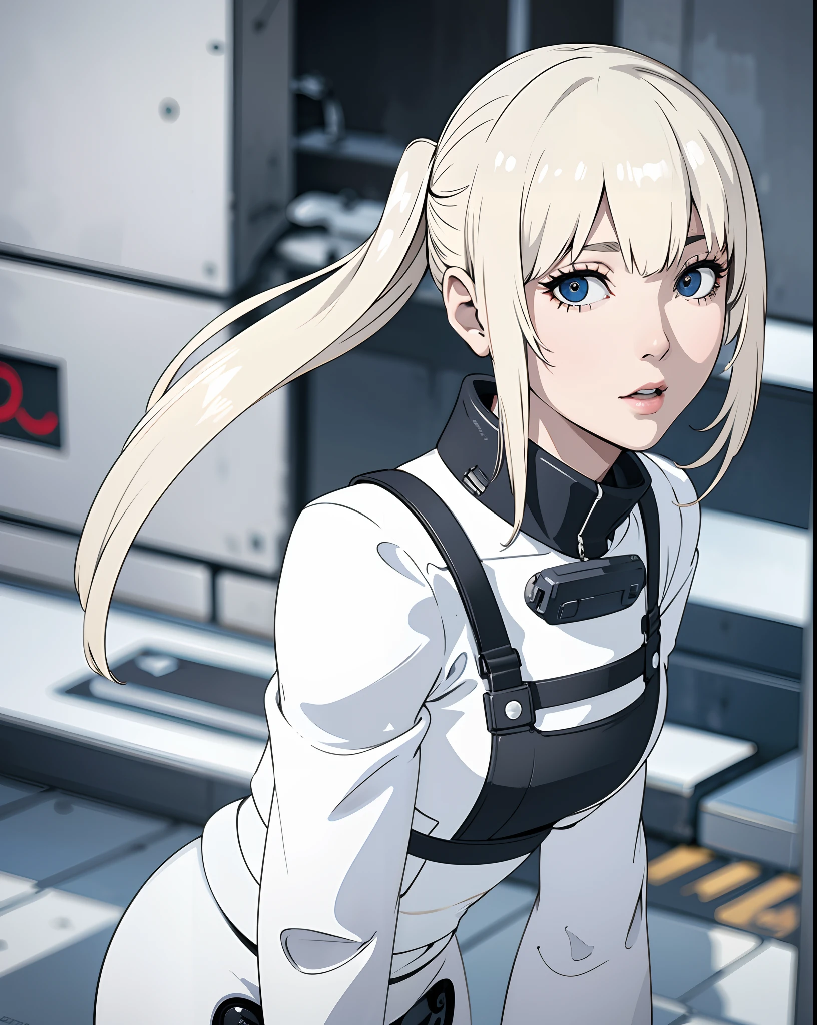Platinum blonde woman robotic destroyed city Super realistic well detailed