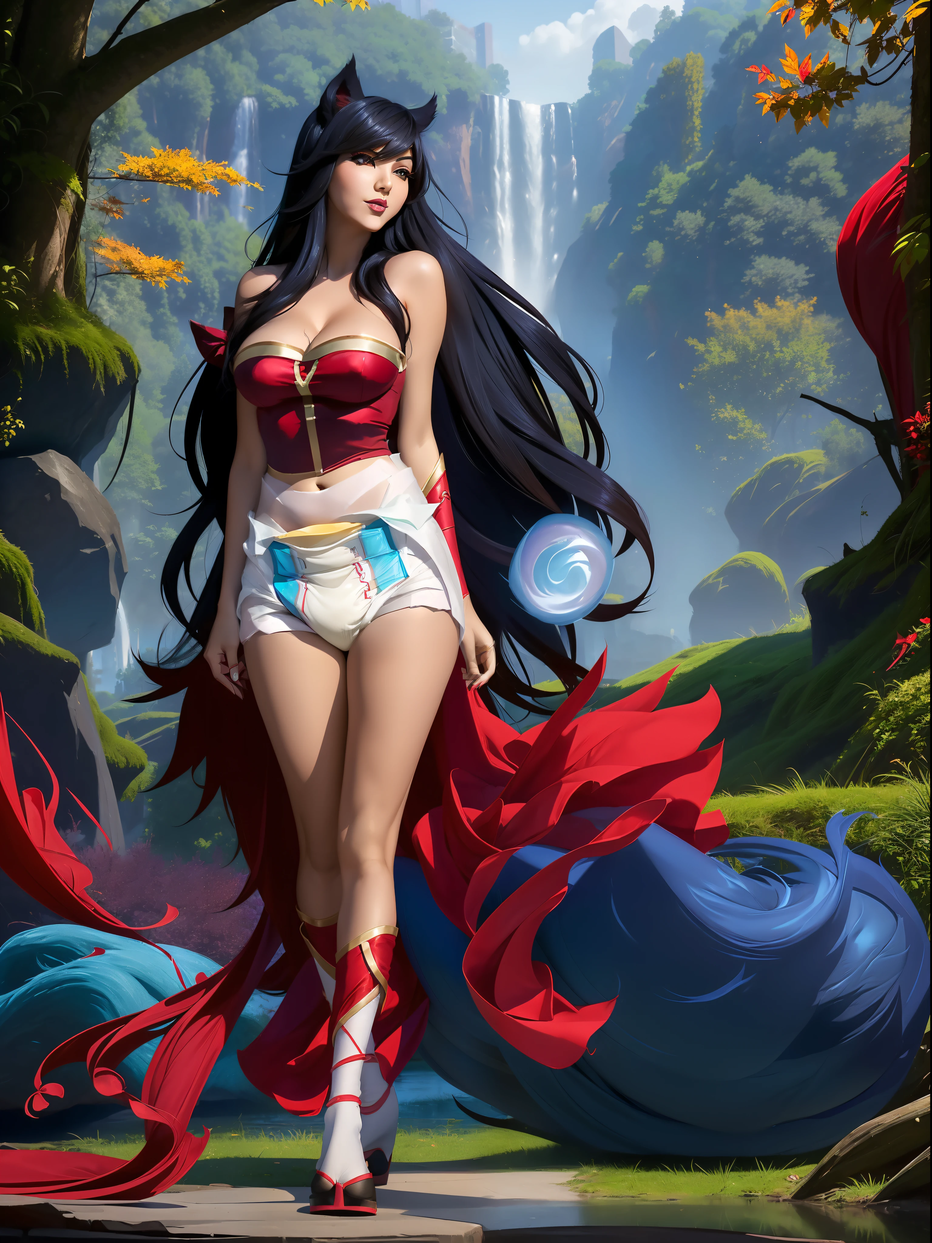 1girl, Ahri, \(league of legends\), black hair, cleavage, wearing a ((big diaper)), (diapered), red elegant gown, river forest background, nature, beautiful, sunny, sexy, busty, (standing), flirty, seductive