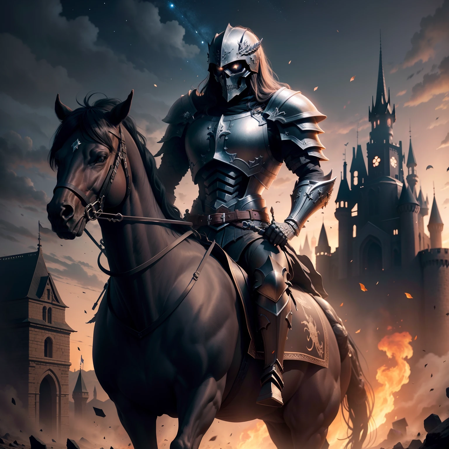 skeleton warrior,Black armor,Black helmet,ride horse,castle background,nigh sky,starlights