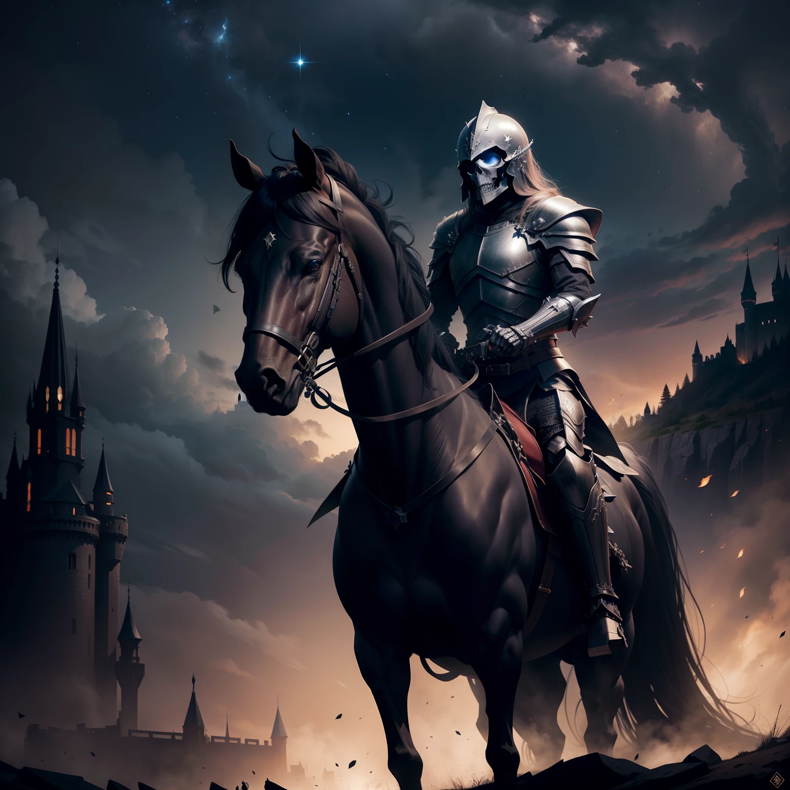 skeleton warrior，Black armor，Black helmet，ride horse，castle background，nigh sky，starlights