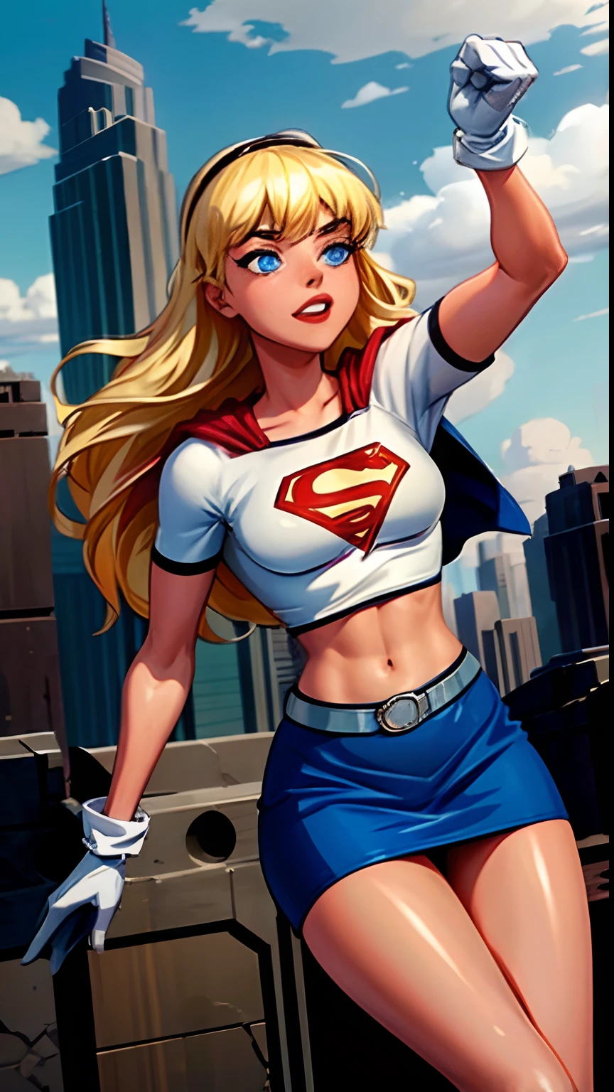 (cowboy shot), SFW, (masterpiece), (best quality: 1.0), (ultra highres: 1.0), detailed eyes,
BREAK
Supergirl, 1girl, long blonde hair, in the air, flying
hair band, \(white\) crop top, short sleeves, cape, blue pencil skirt, gloves, boots
BREAK
(clouds, city in ruins, seen after apocalyptic)