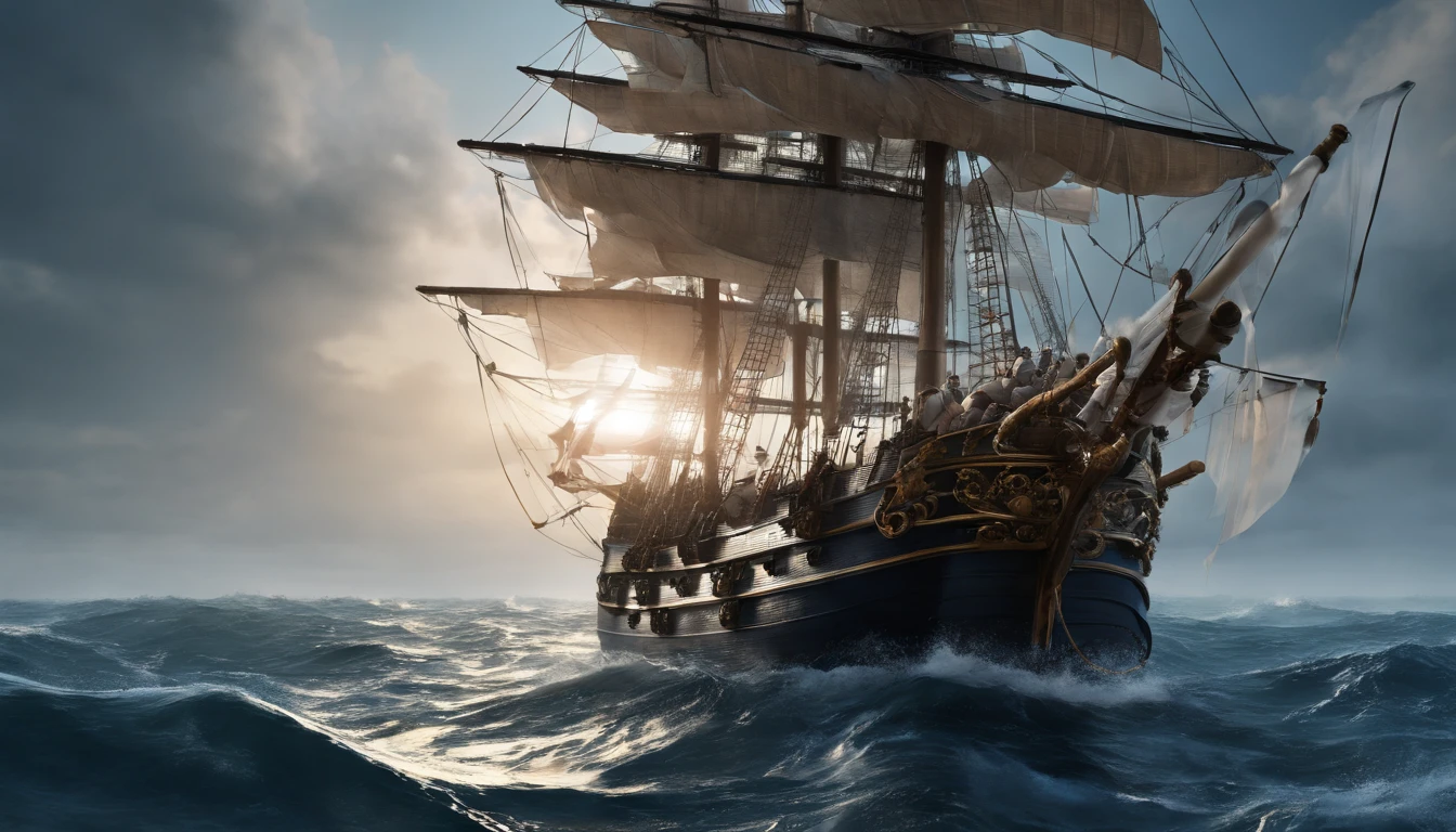 Best quality, 4K, A high resolution, Masterpiece:1.2.Victorian warships,Historical battleships,cannon fire,Stormy weather,Rigging on board,[Subtle fog:1.1],Elaborate woodwork,Vintage tall mast,Delicate water reflection,Magnificent majesty,Highly detailed description,Impressive historical scene,Realistic lighting and shadows,Dark blue color palette