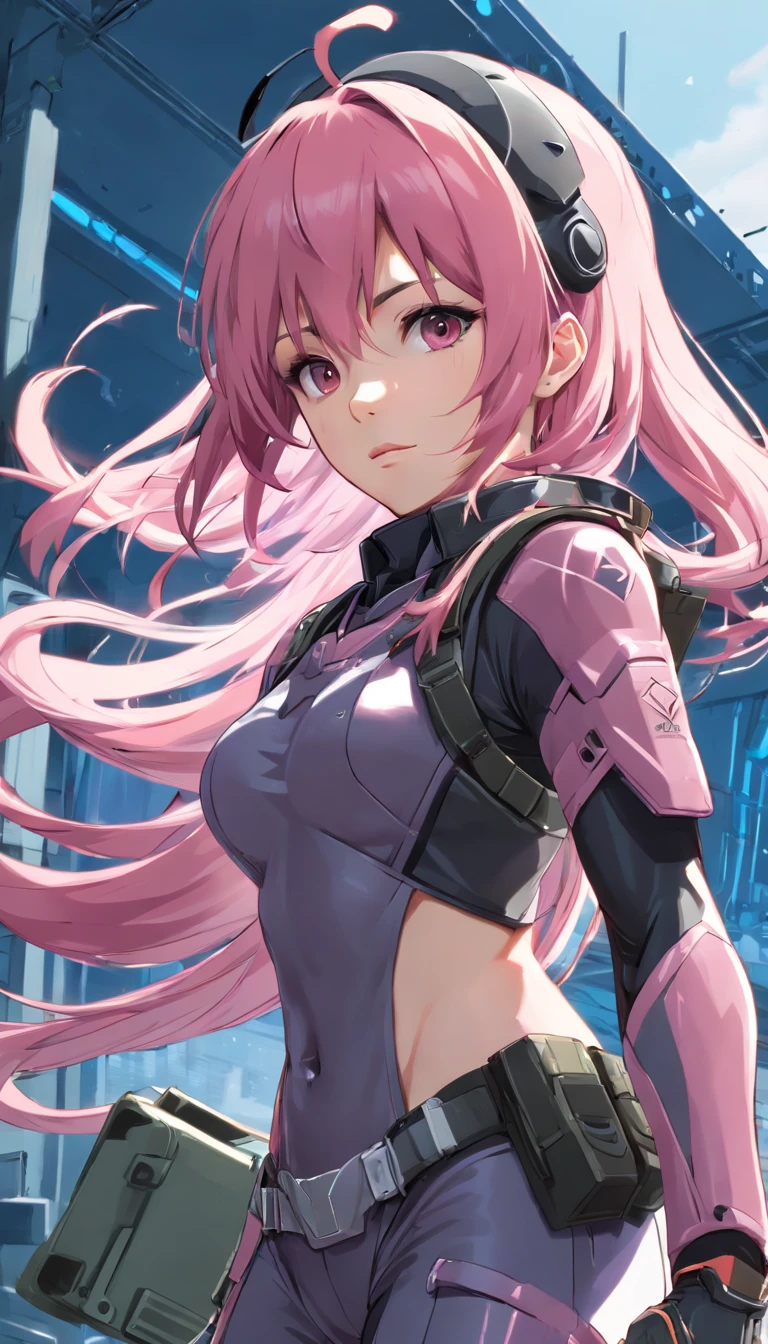 style of metal gear solid, (detailed intricate full cover tactical helmet:1.3), (pink hair), cowboy shot, dynamic pose, 1girl, solo, ray tracing, (masterpiece), (best quality), (detailed), (detailed tactical gear:1.1), (body armor:1.1), combat pants, gloves, (intricate background:1.1),