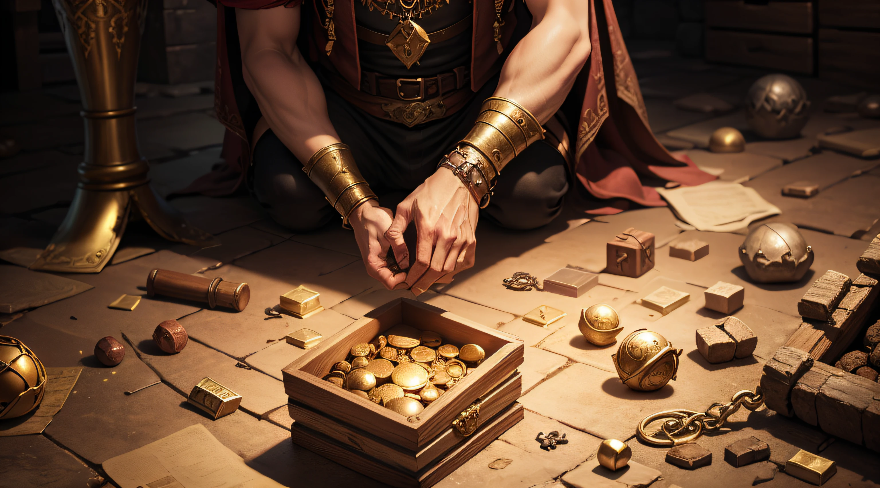treasure scattered throughout a dungeon room