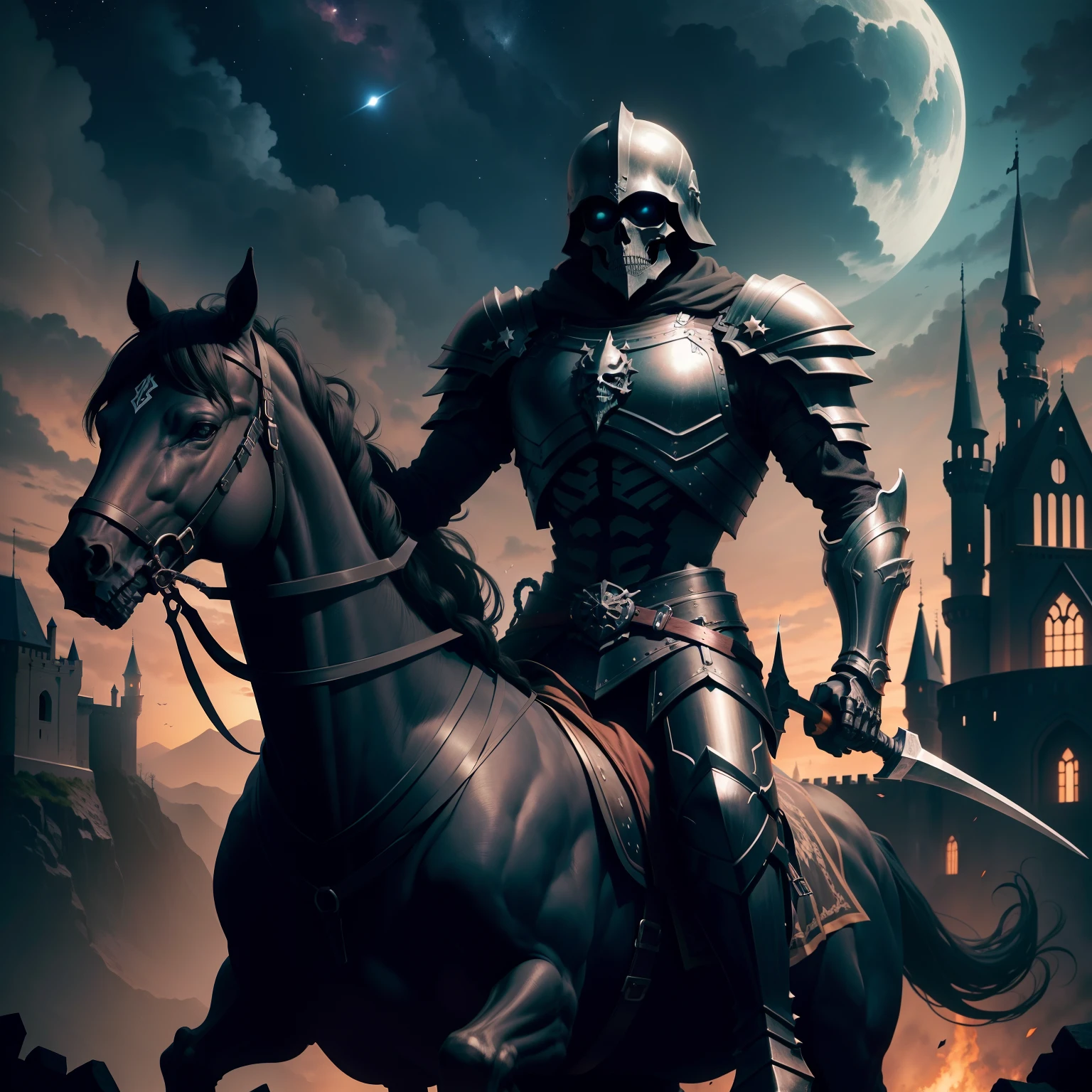 skeleton warrior，Black armor，Black helmet，holding a scythe，ride horse，Castle background，nigh sky，starlights