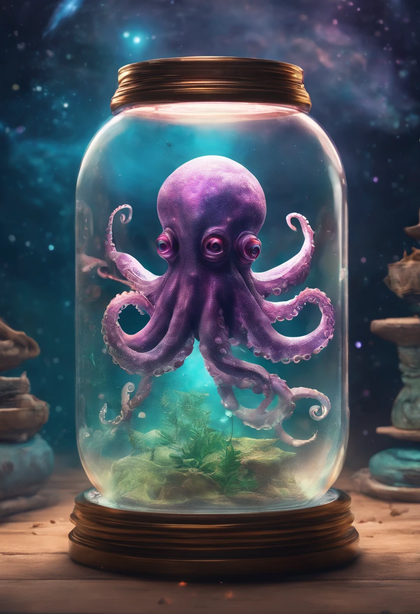 galaxy environment, caprichoso, A small octopus in a magical jar of unviable dream, 8k, Vivid, ultra detalis | | | | | | | |, color lighting, fotografia surreal, retrato