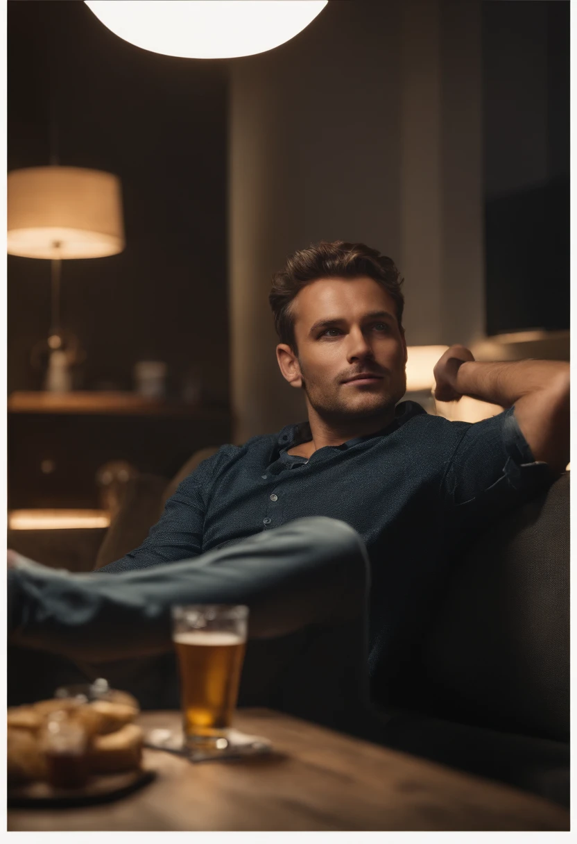man sitting on a sofa watching TV with a beer in front of him, Watching TV, video, cinematic beer, TV commercial, Televisions, eating chips and watching TV, TV screens, sitting in a lounge, tv screens in the background , rich cinematic atmosphere, TV Series, highly cinematic, Cinematic feel, Television, 4k TV still, 4K Refrigeration, high art