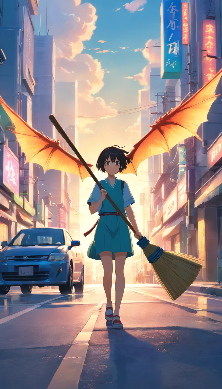 (masterpiece, illustration, best quality:1.2), detailed, intricate, 8k, HDR, cinematic lighting, sharp focus, photo, , (dragon, dragon holding broom, holding broom, dragon sweeping road with broom:1.2), broom, multiple wings, , detailed background, road, (cyberpunk city:1.2), cars, people, citizens, passers-by, peaceful life,