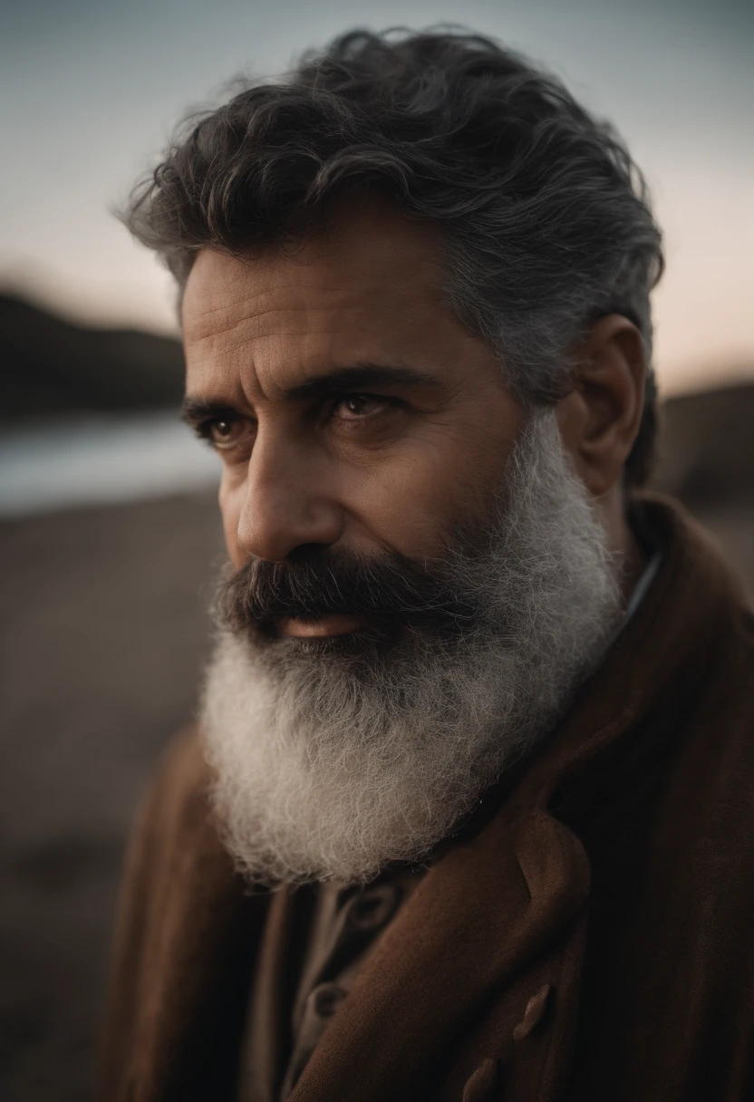 retrato de um pai, com cabelos brancos, olhos castanhos, barba grande, olhando para frente