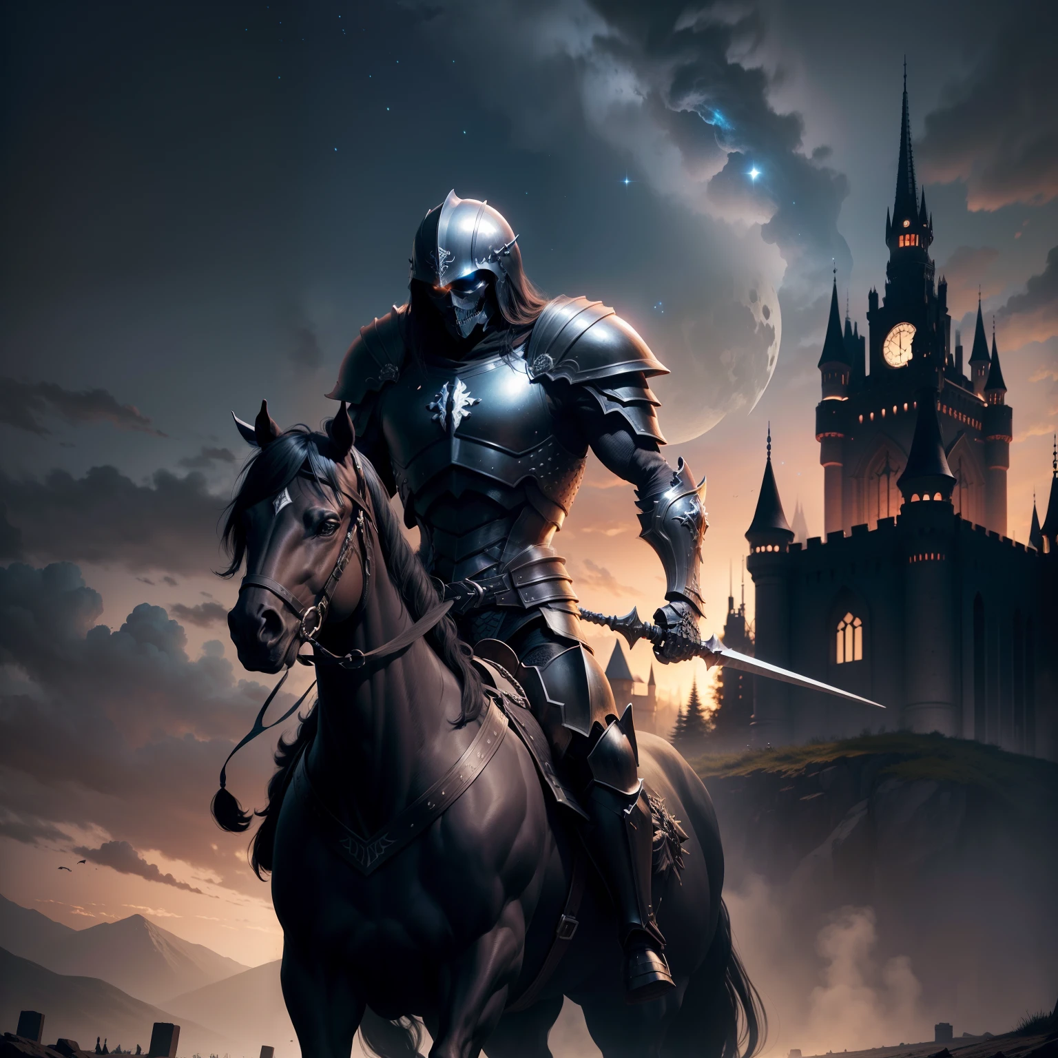 skeleton warrior,Black armor,Black helmet,ride horse,Castle background,nigh sky,starlights
