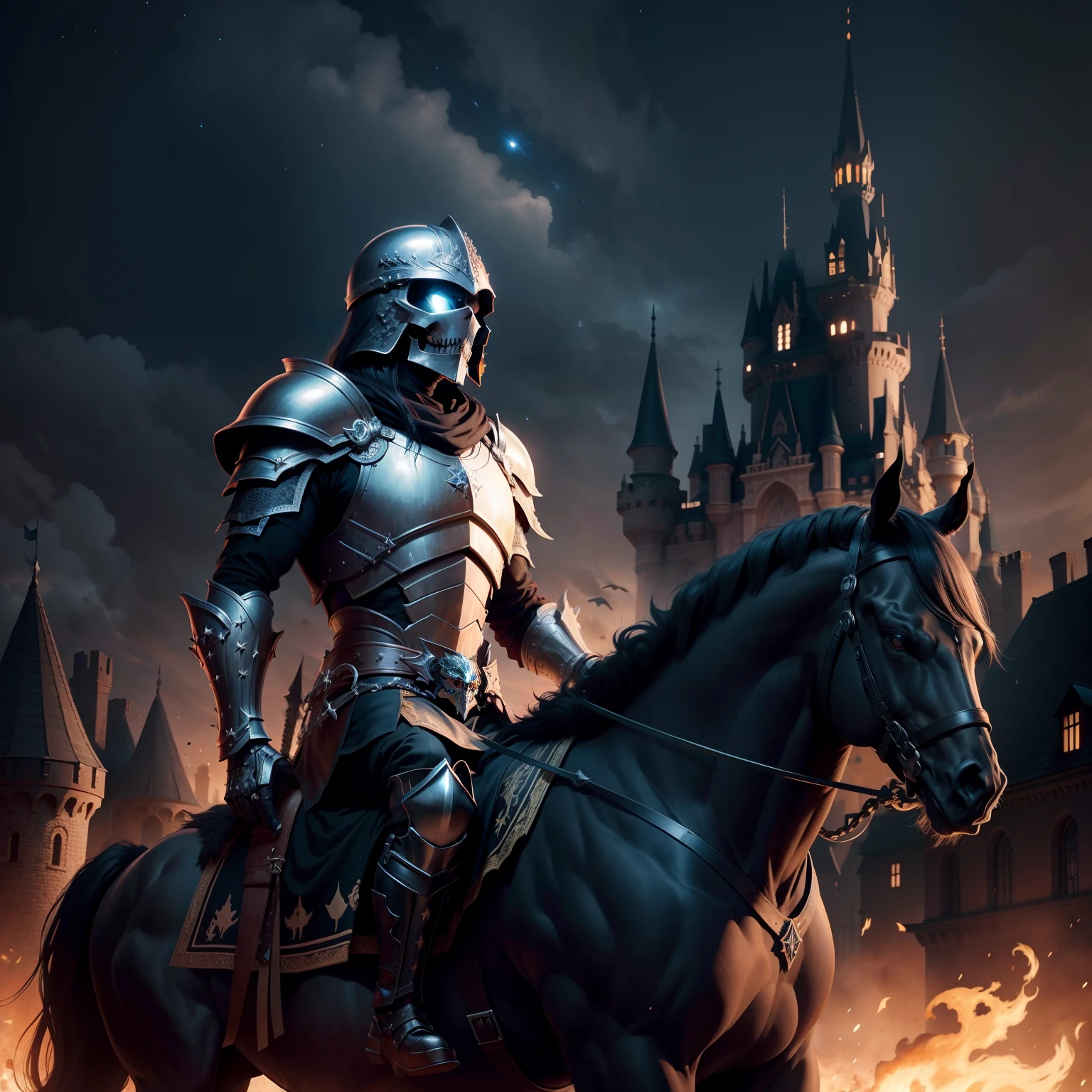 skeleton warrior,Black armor,Black helmet,ride horse,Castle background,nigh sky,starlights