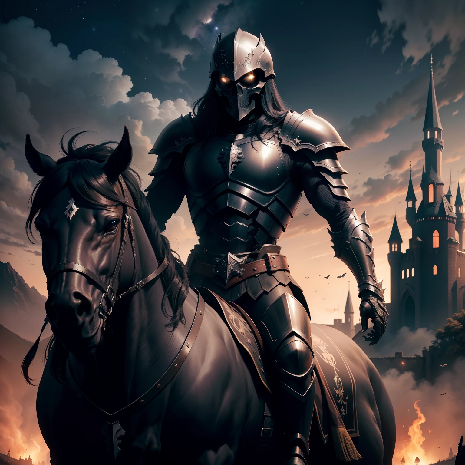 skeleton warrior,Black armor,Black helmet,ride horse,Castle background,nigh sky,starlights